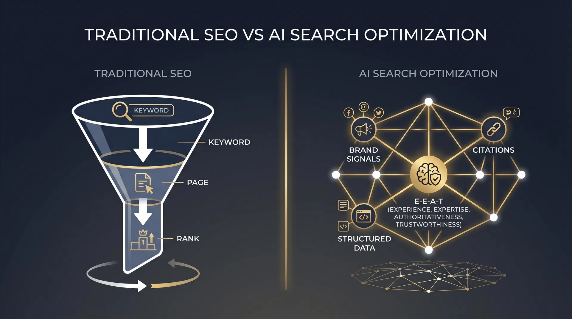 Traditional SEO vs AI Search Optimization: a funnel model compared to an entity graph with brand signals, citations, structured data, and E-E-A-T