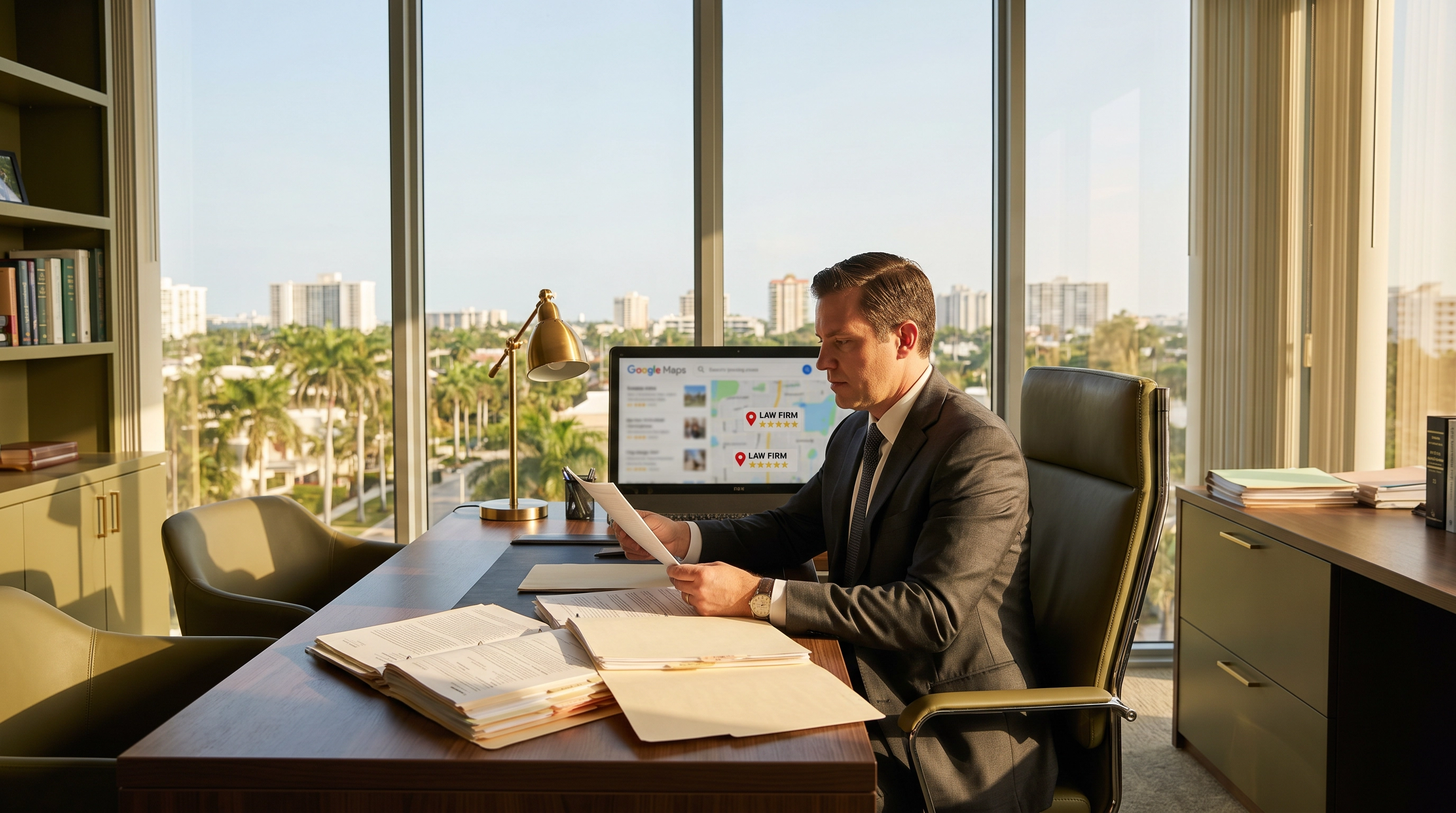 South Florida law office with Google Maps local pack visible on screen