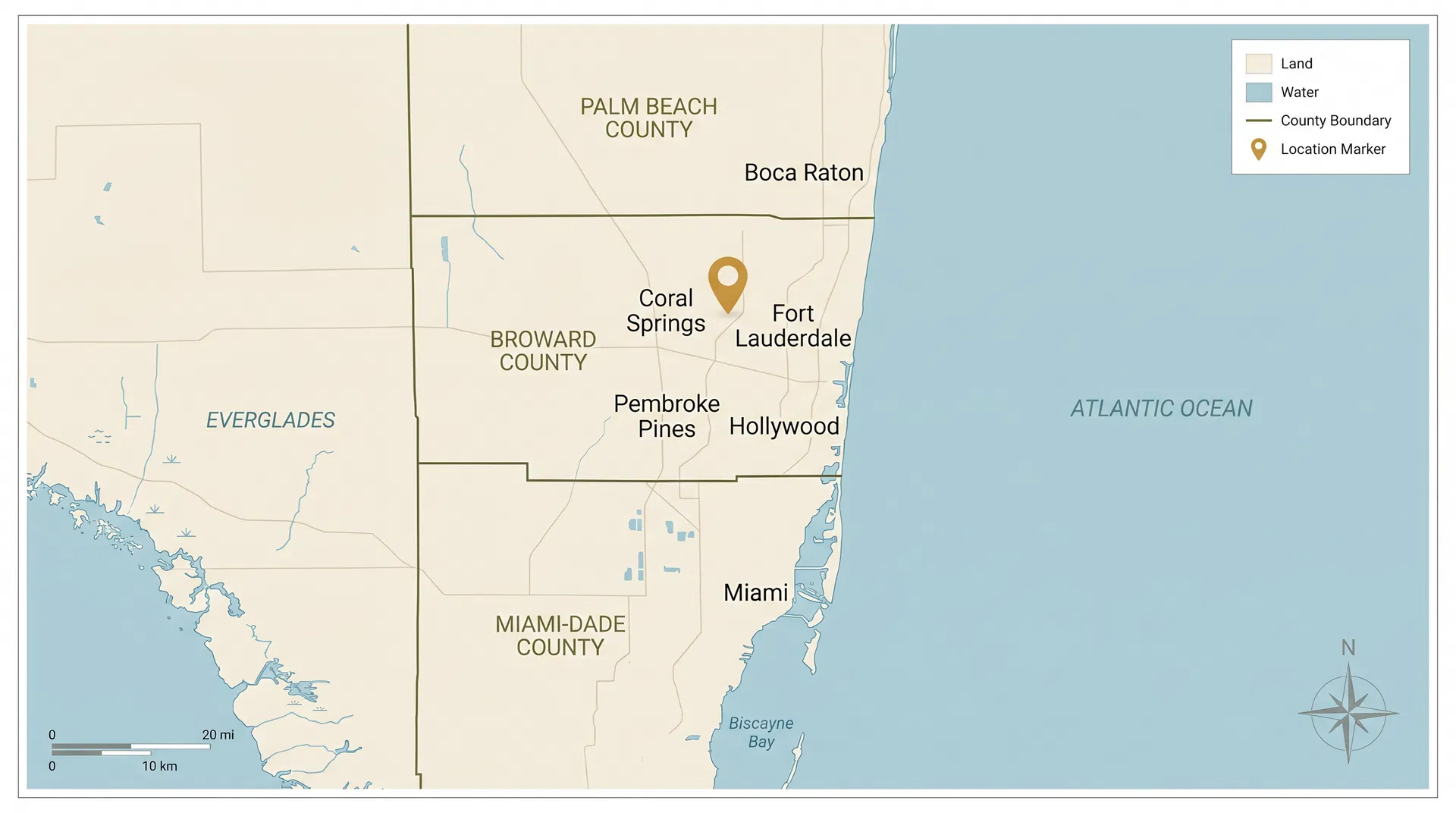 South Florida service area map — Fort Lauderdale, Broward County, Coral Springs, Pembroke Pines, Boca Raton
