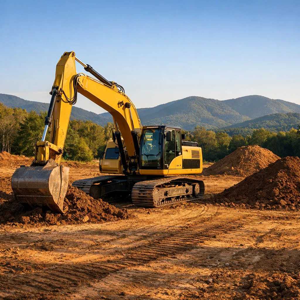 Heavy excavating equipment preparing land
