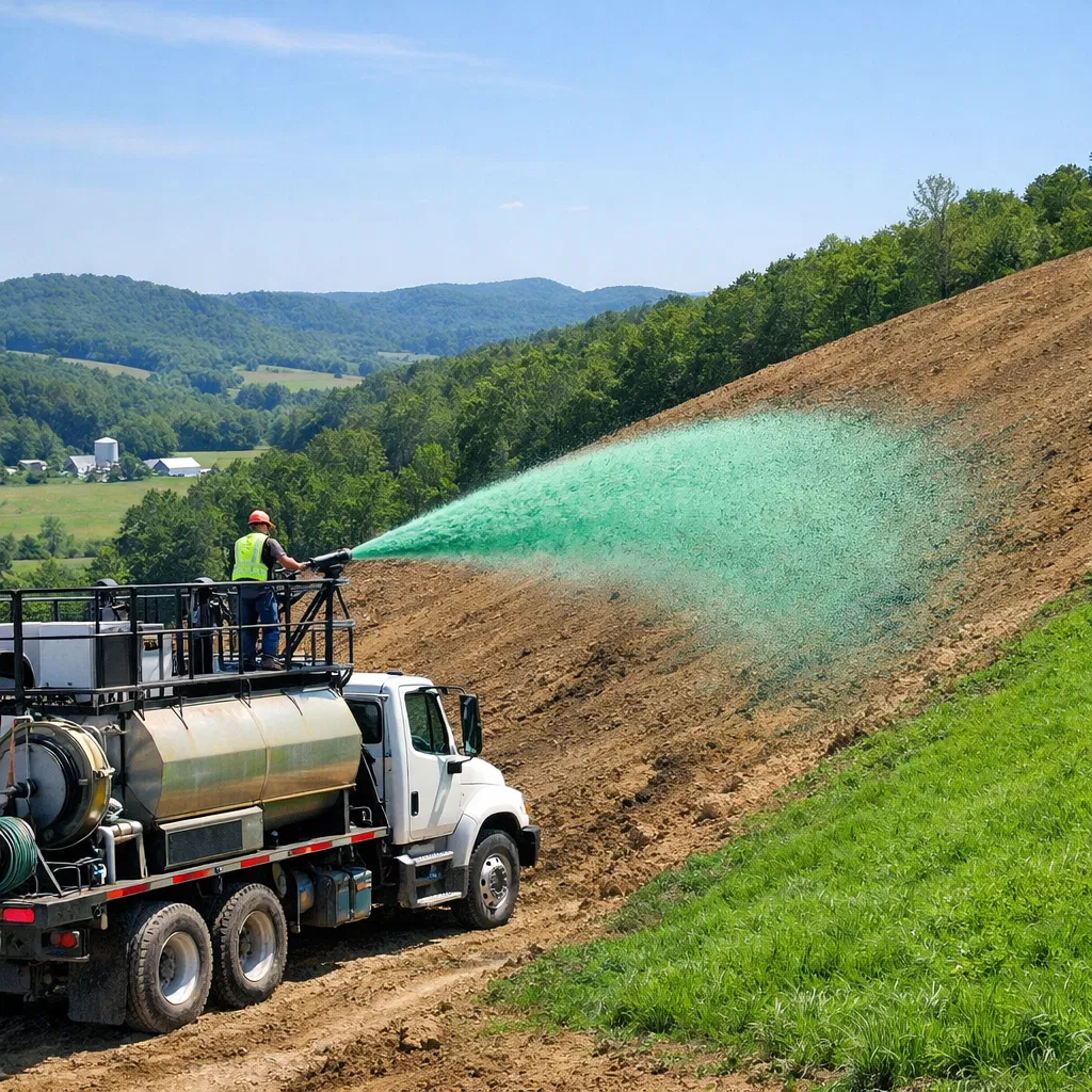 Professional hydroseeding equipment in action