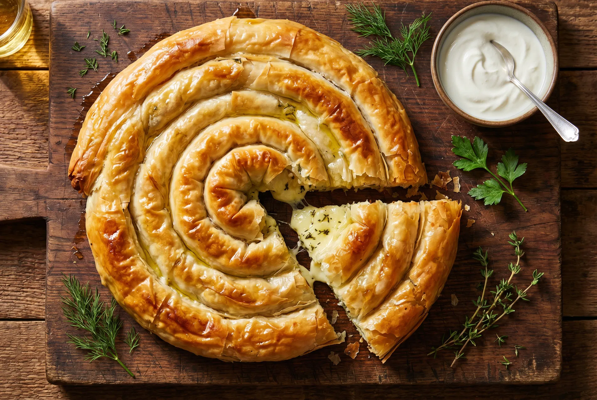 Freshly baked burek — golden flaky phyllo pastry