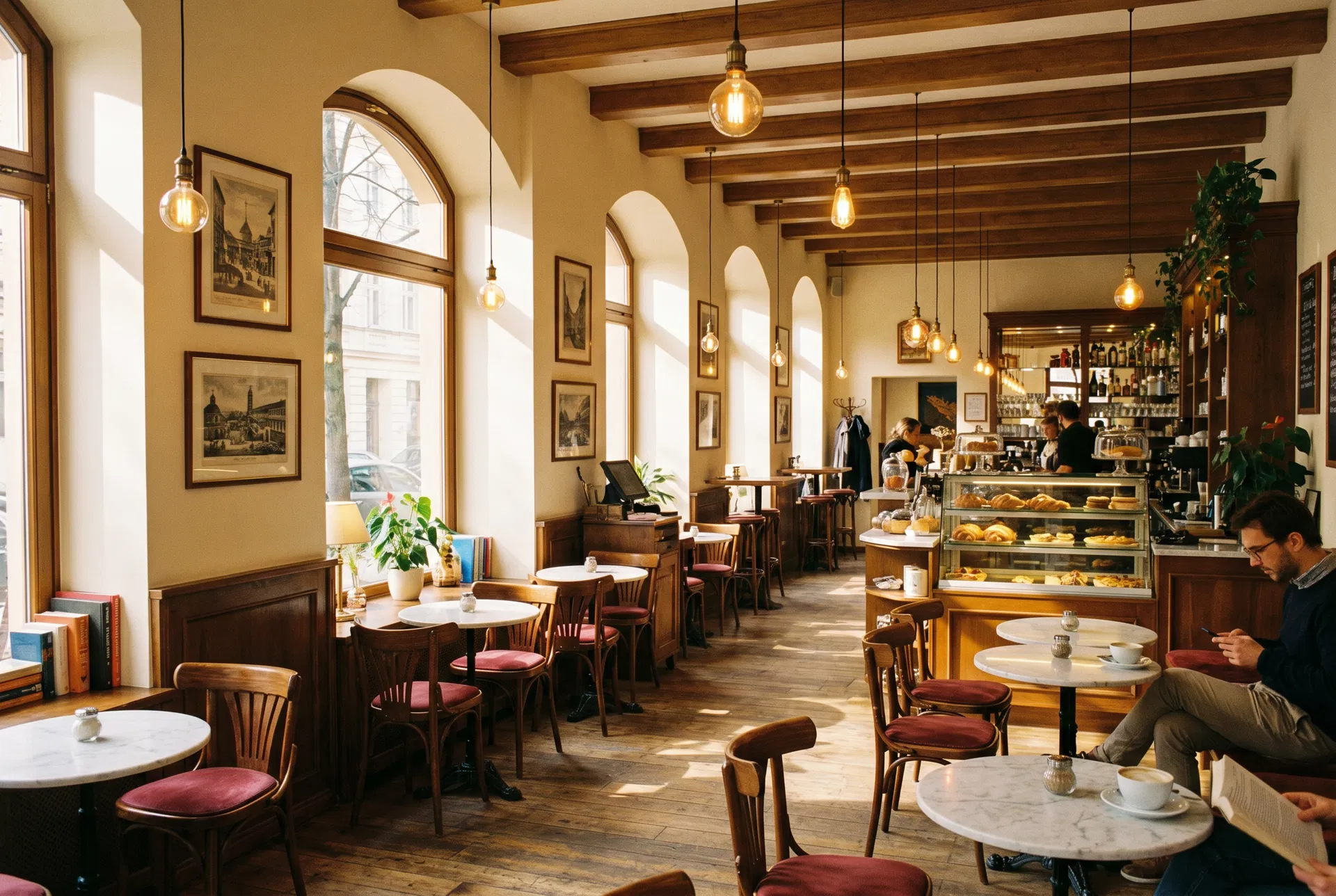 European Sweetness café interior — warm, cozy atmosphere with marble tables and Edison bulb lighting