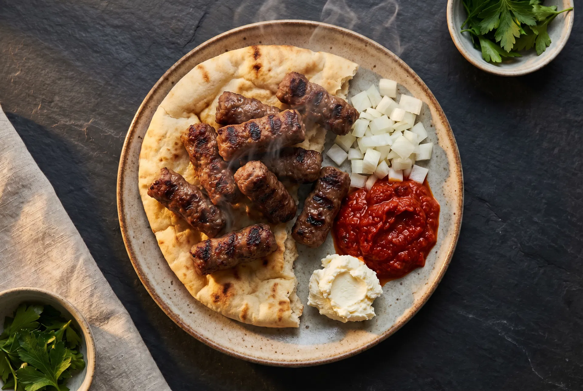 Traditional Balkan ćevapi with pita, onion, and ajvar
