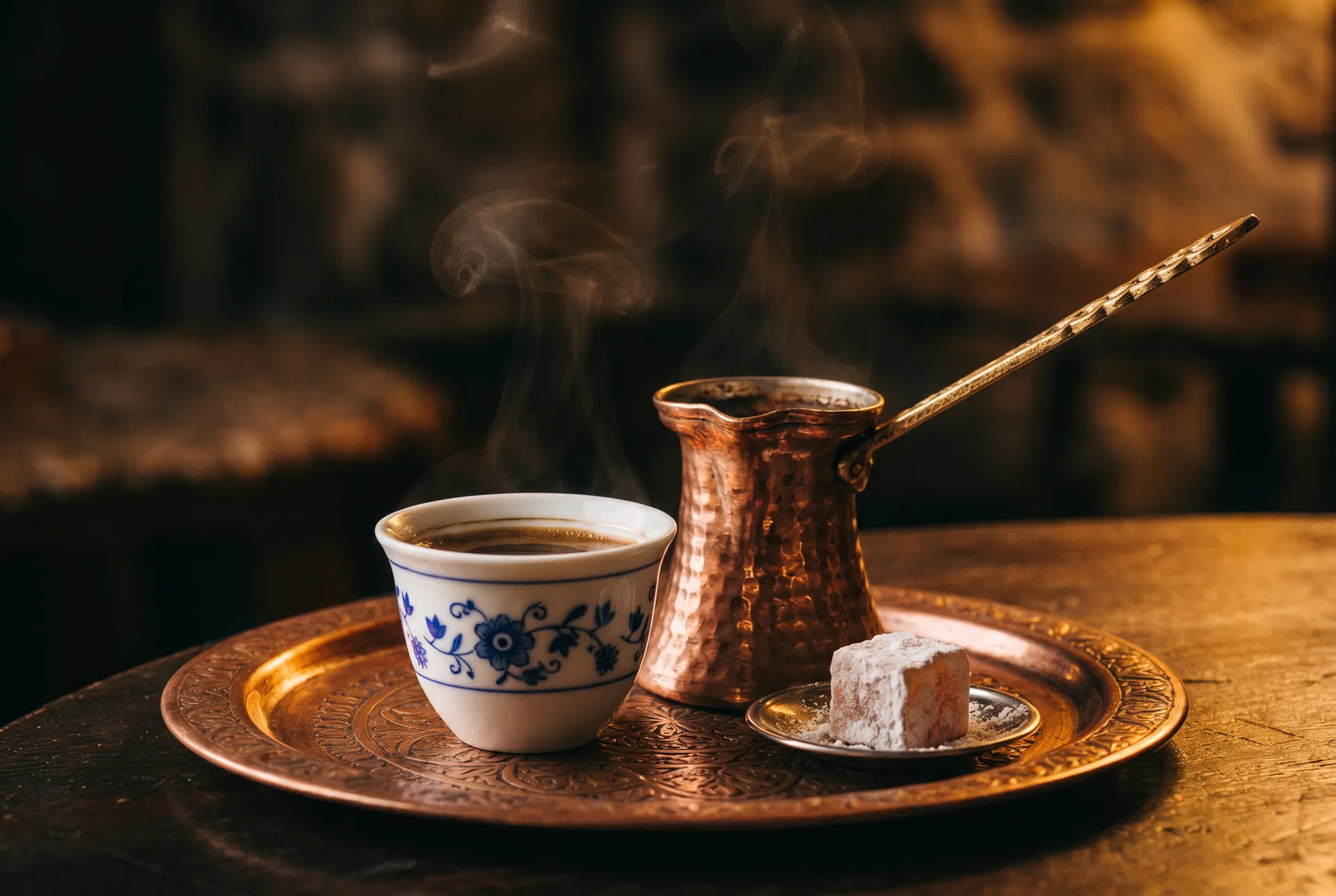 Traditional Bosnian coffee service — copper džezva, porcelain fildžan, and rahat lokum on a decorative tray