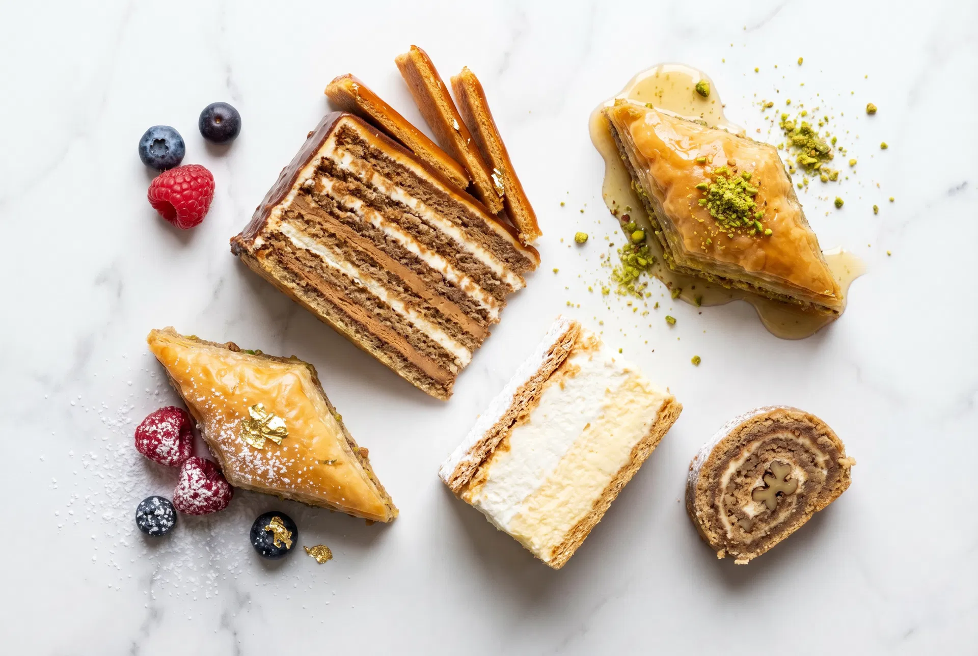 Assorted Eastern European cakes and pastries on marble