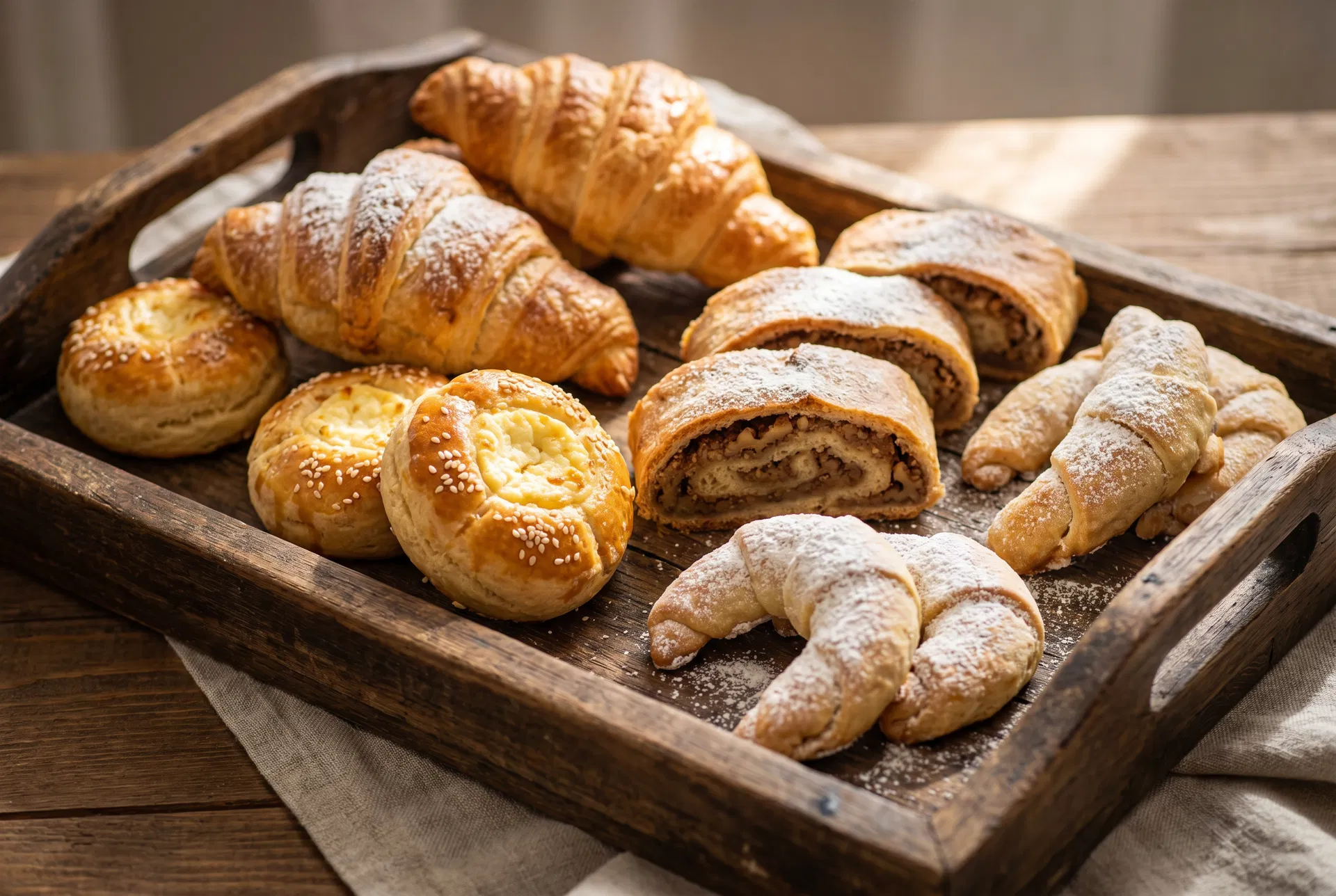 Assorted Eastern European pastries on a rustic wooden tray
