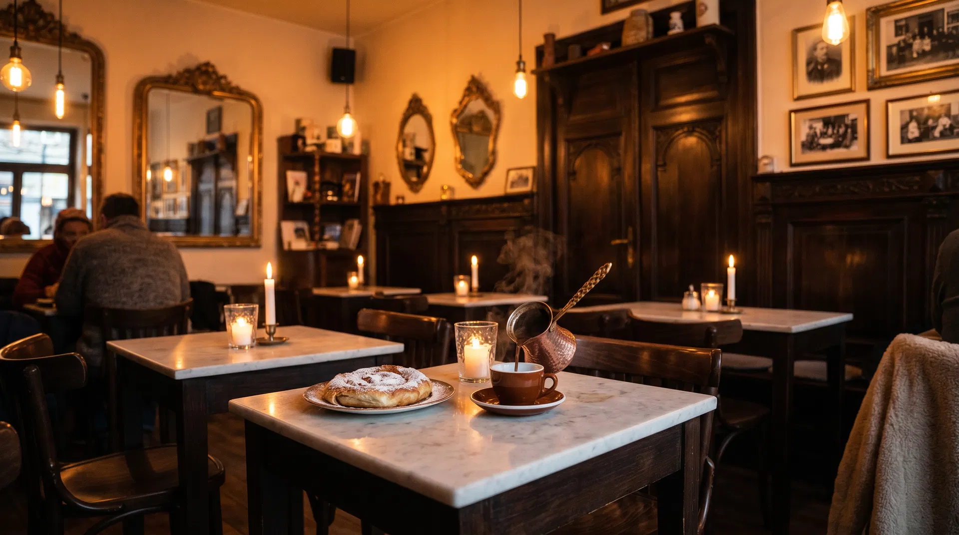 Cozy European Sweetness café interior with warm candlelight