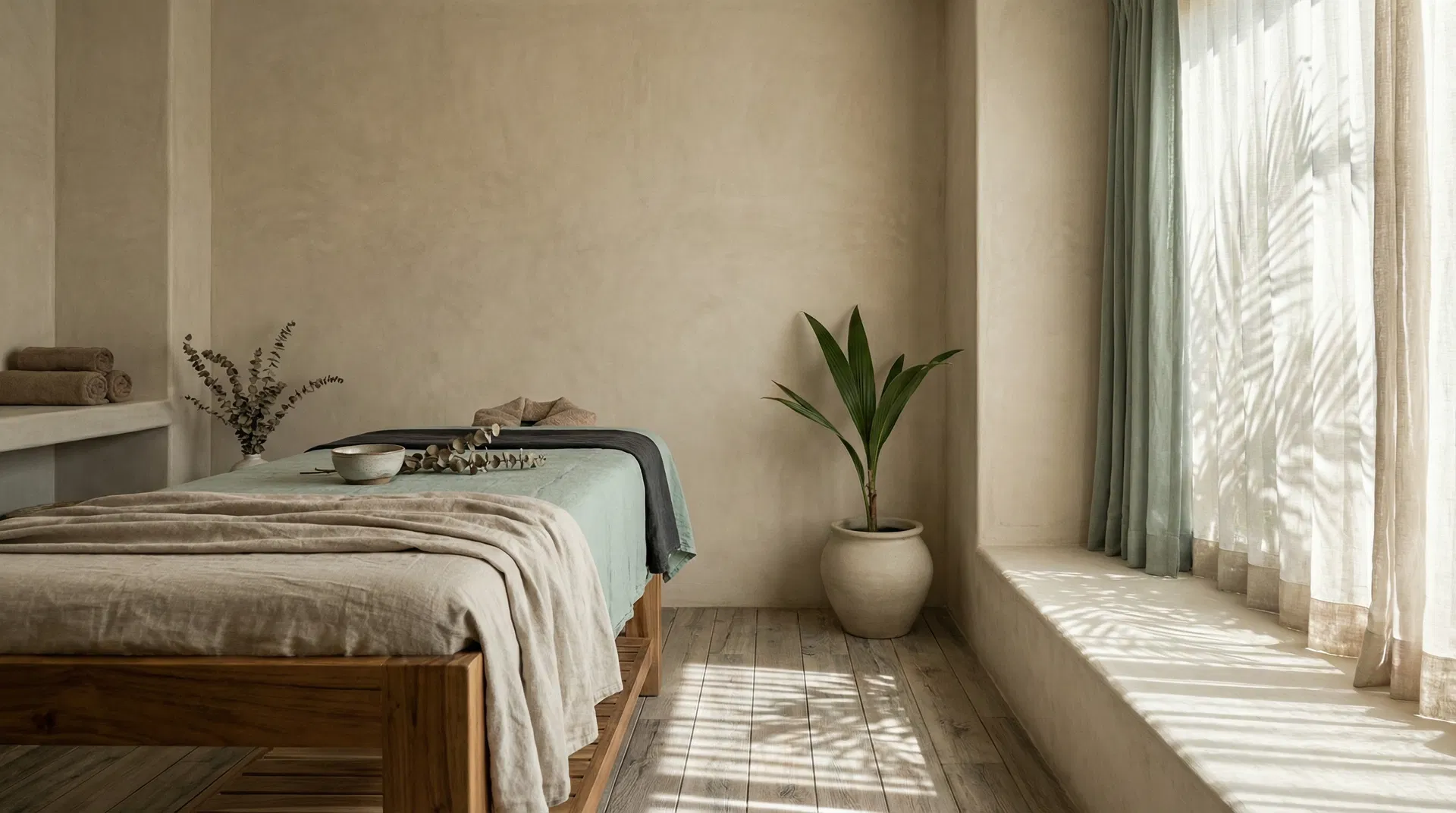 deep tissue massage Puerto Escondido treatment room near Punta Zicatela with warm natural tones