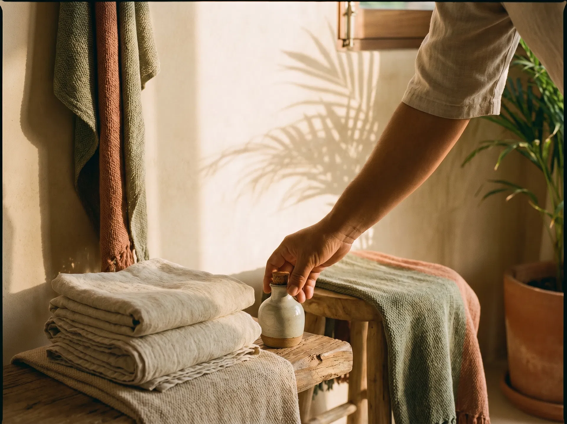in-home massage Oaxaca setup with folded linens, warm wood, and local therapist hand detail