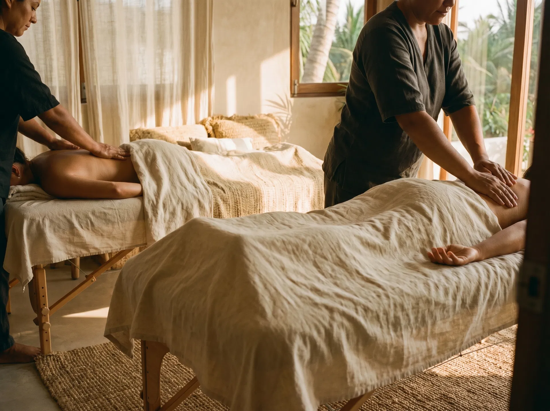 deep tissue massage Puerto Escondido couples setup with two tables, tan therapist hands, and no faces visible