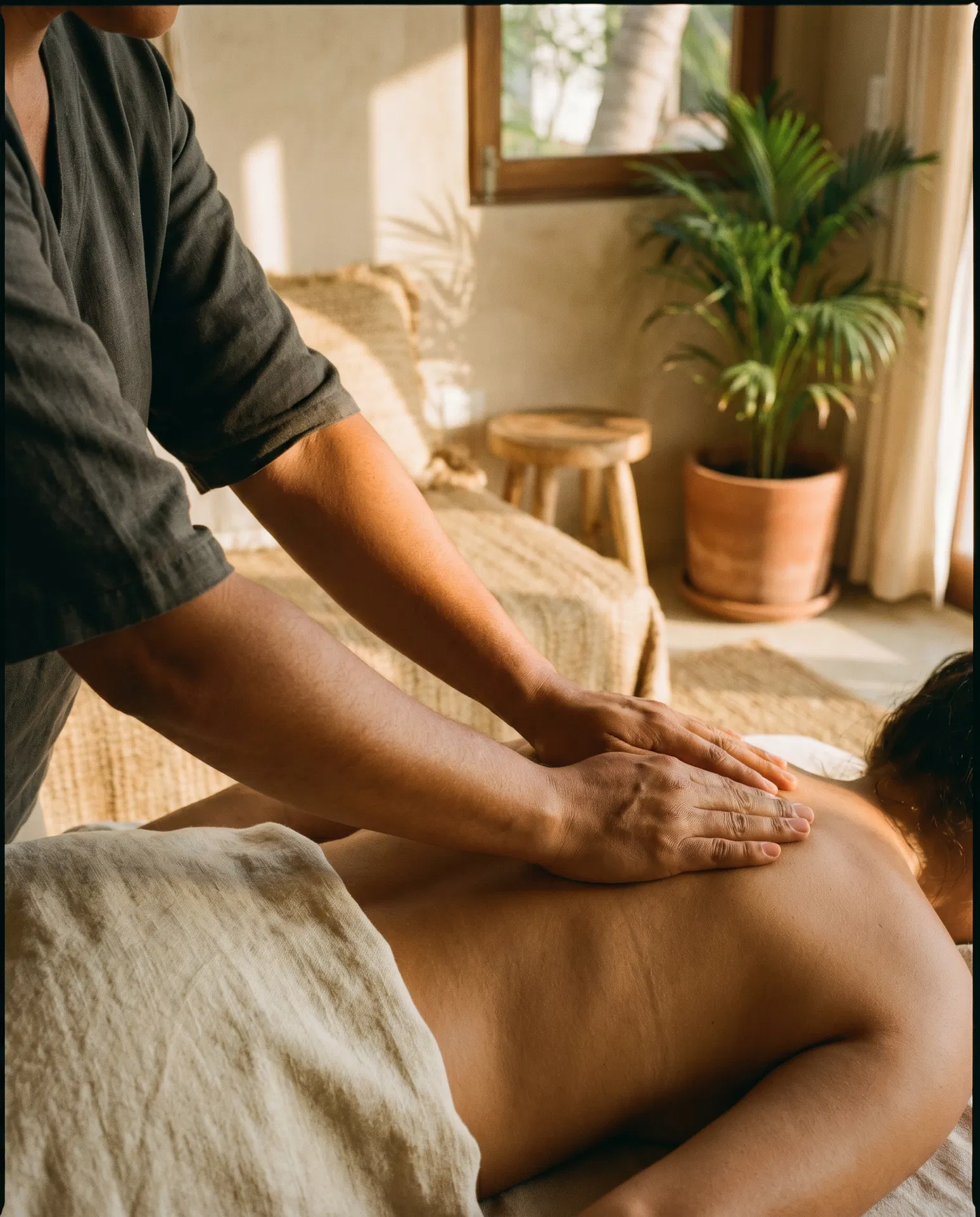 deep tissue massage Puerto Escondido with tan local therapist hands applying pressure in a warm Airbnb room