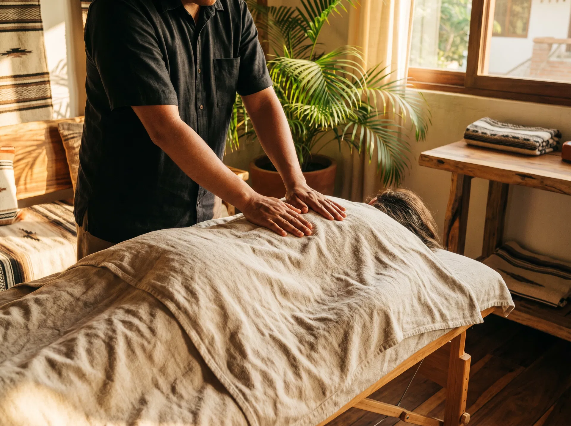 massage Punta Zicatela style home visit with warm light, linen textures, and local bodywork setup