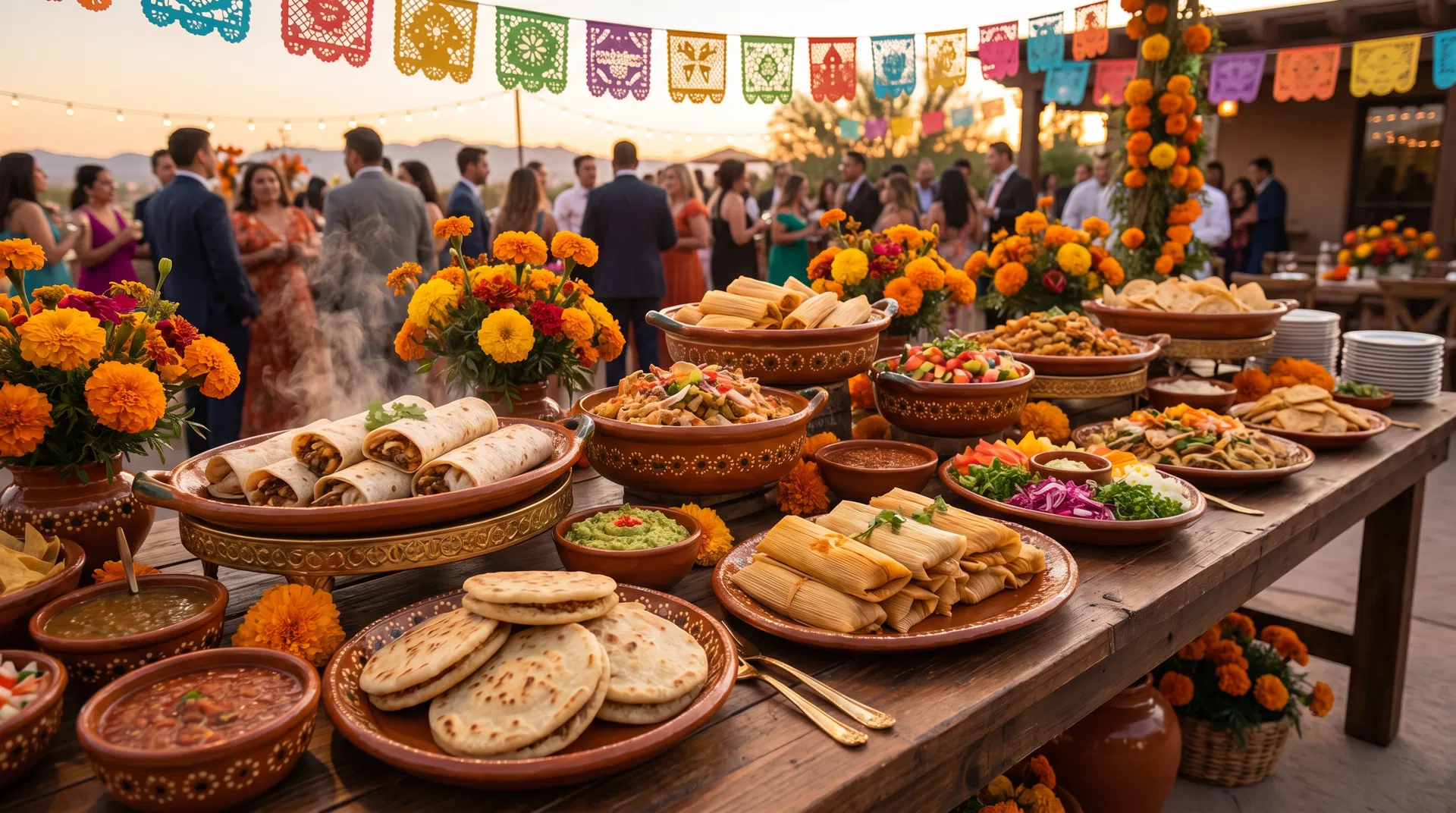 Mexican banquet catering spread at La Querida event hall on Alameda Ave El Paso TX — burritos, gorditas, tamales for private events
