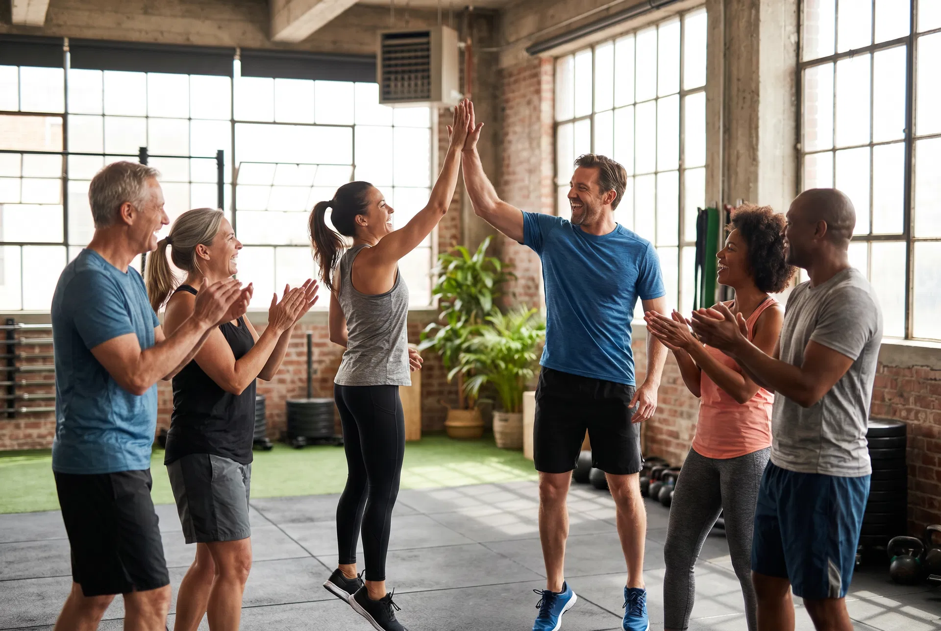 Happy gym members celebrating