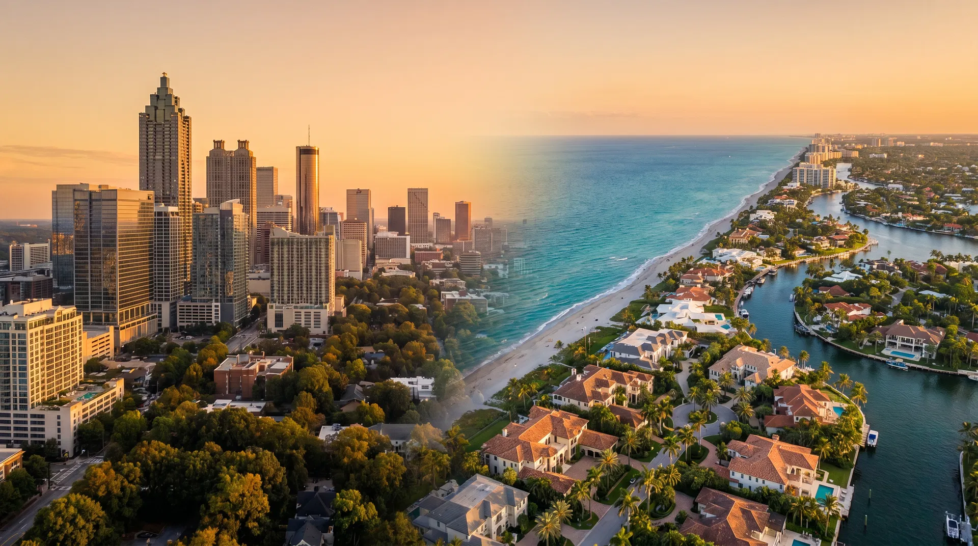 Atlanta skyline blending into South Florida coastal aerial at golden hour