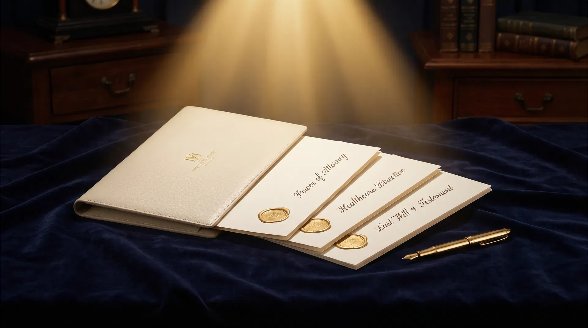 Complimentary estate planning package including Power of Attorney, Healthcare Directive, and document storage