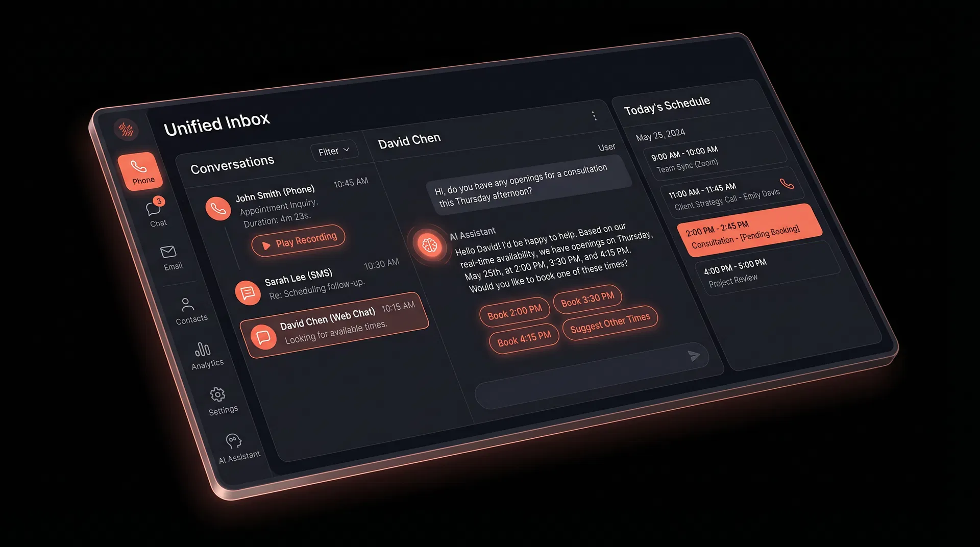 Arlo AI Dashboard showing live call handling and appointment booking