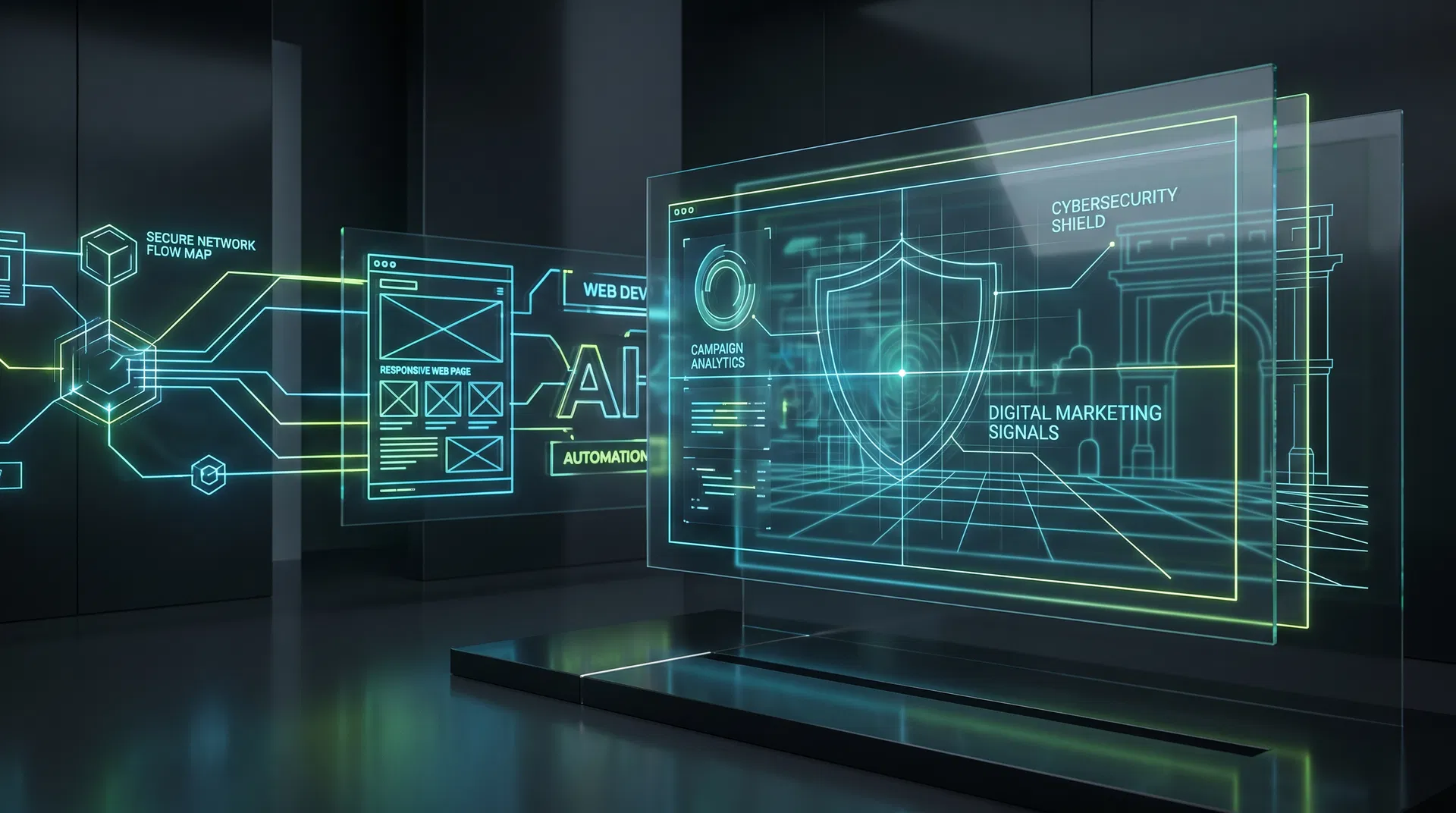 Futuristic visual representing AI automation, web development, digital marketing and cybersecurity