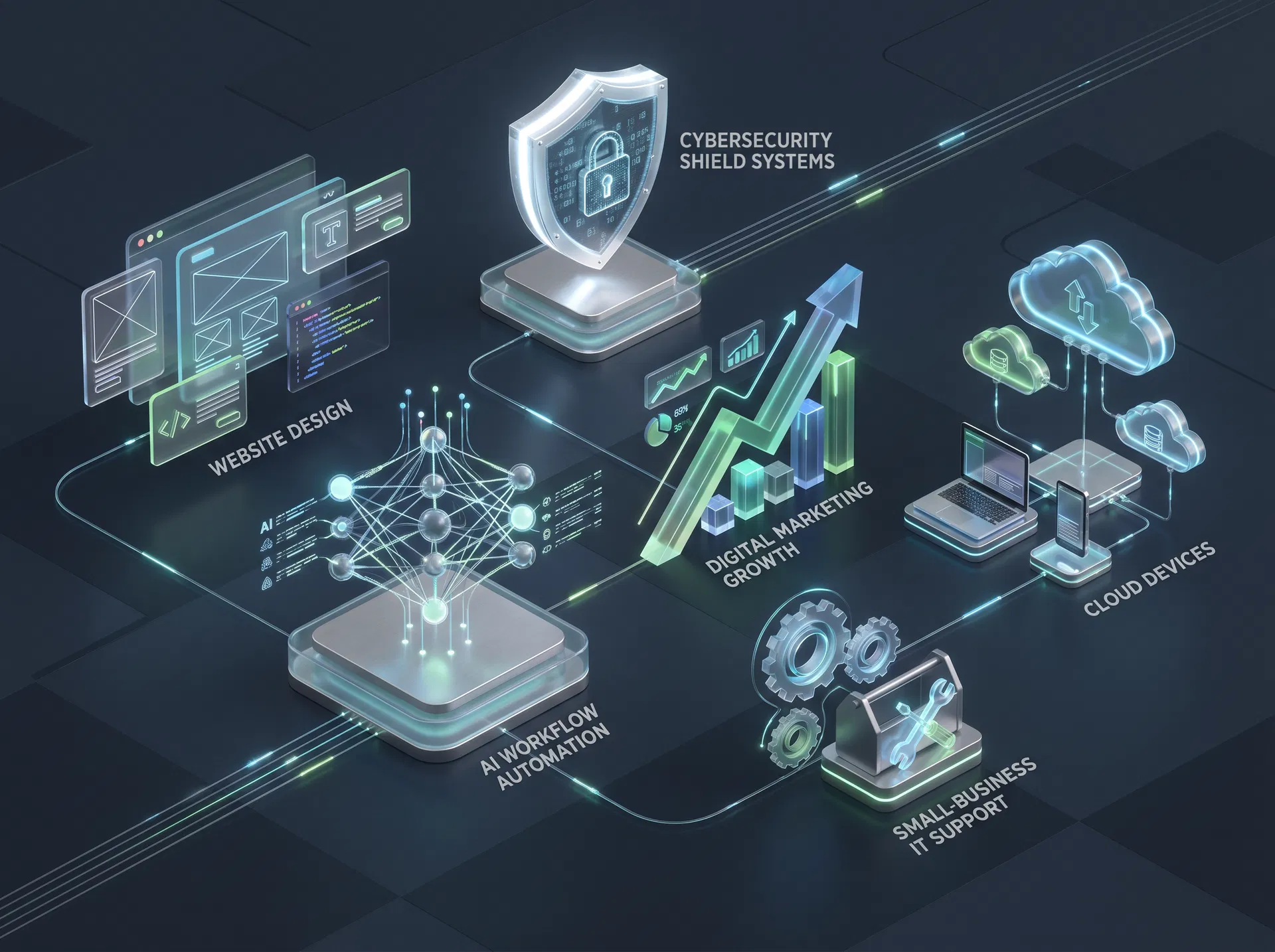 Premium editorial illustration showing PC Ninja online service ecosystem