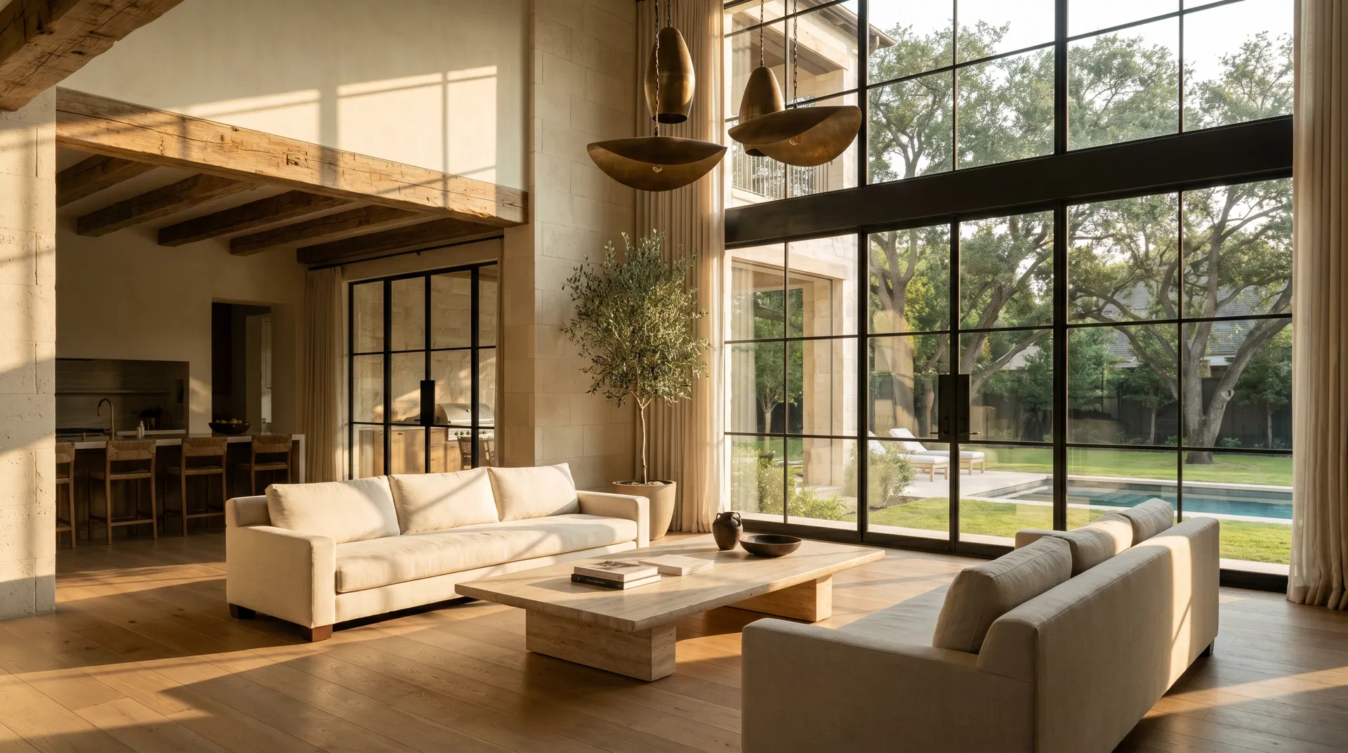 A double-height great room with limestone walls and white-oak beams