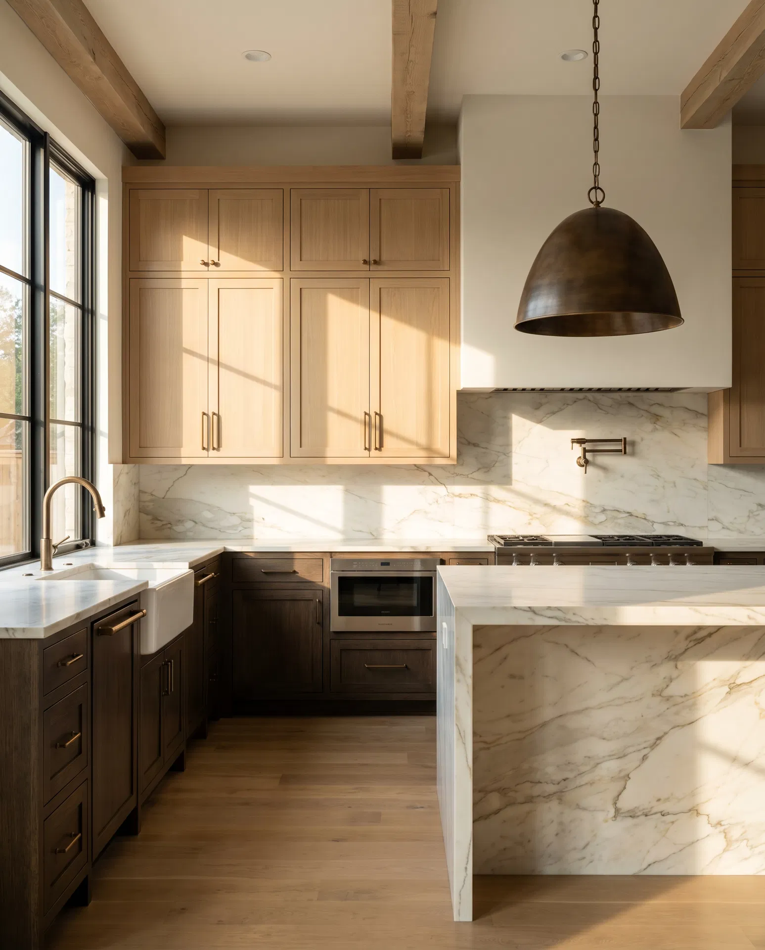 A custom Houston kitchen with white oak cabinetry and bookmatched marble