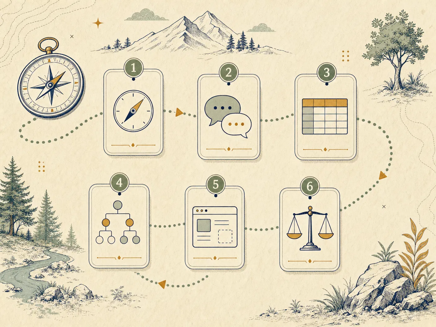 Editorial illustration of six AI learning stations