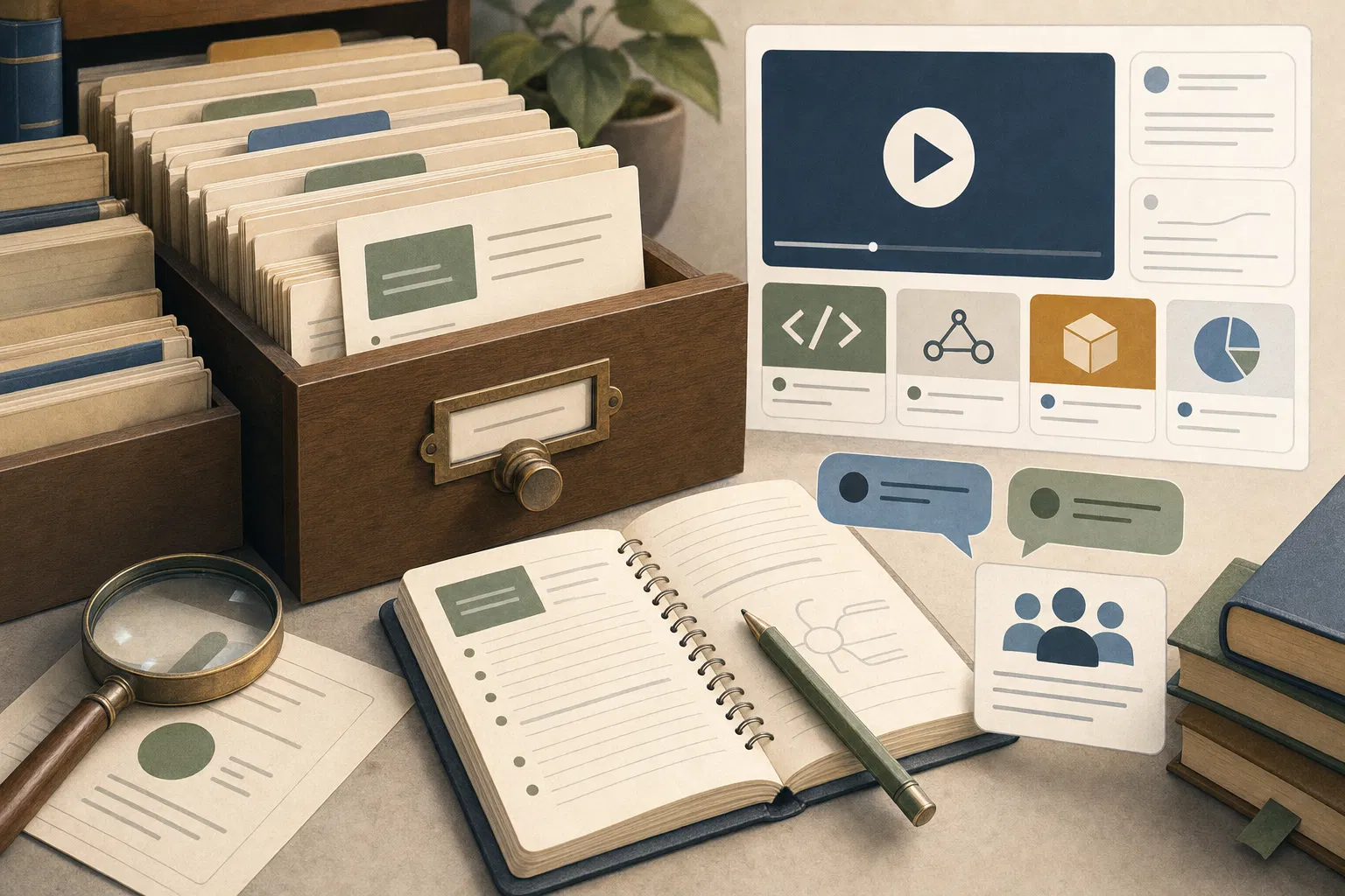 Illustration of AI learning resources in a library card catalog