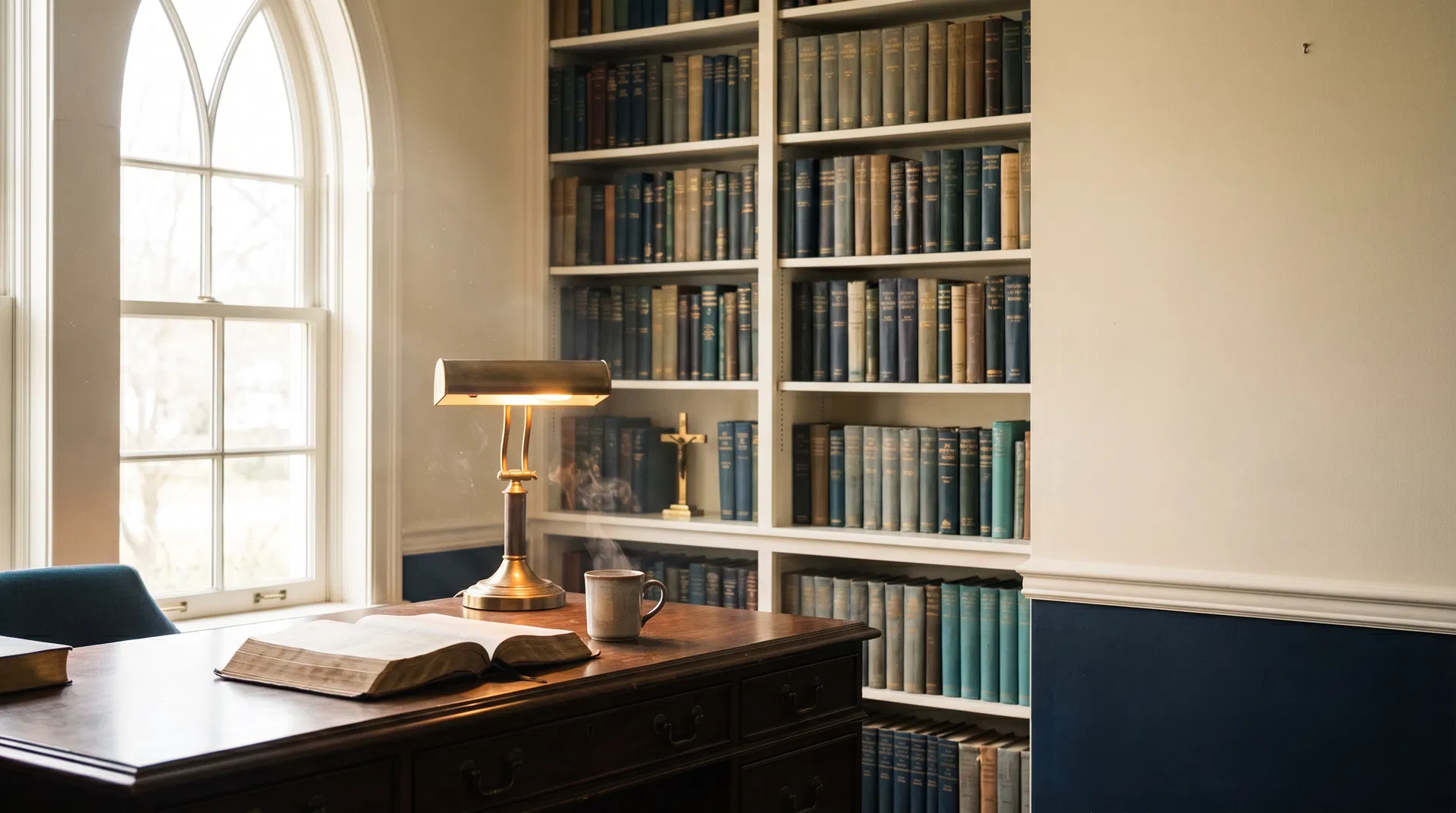 A pastor's quiet study with an open Bible, brass lamp, and shelves of theology