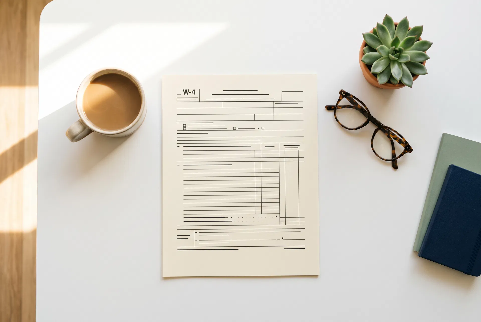 W-4 form on desk with coffee and glasses