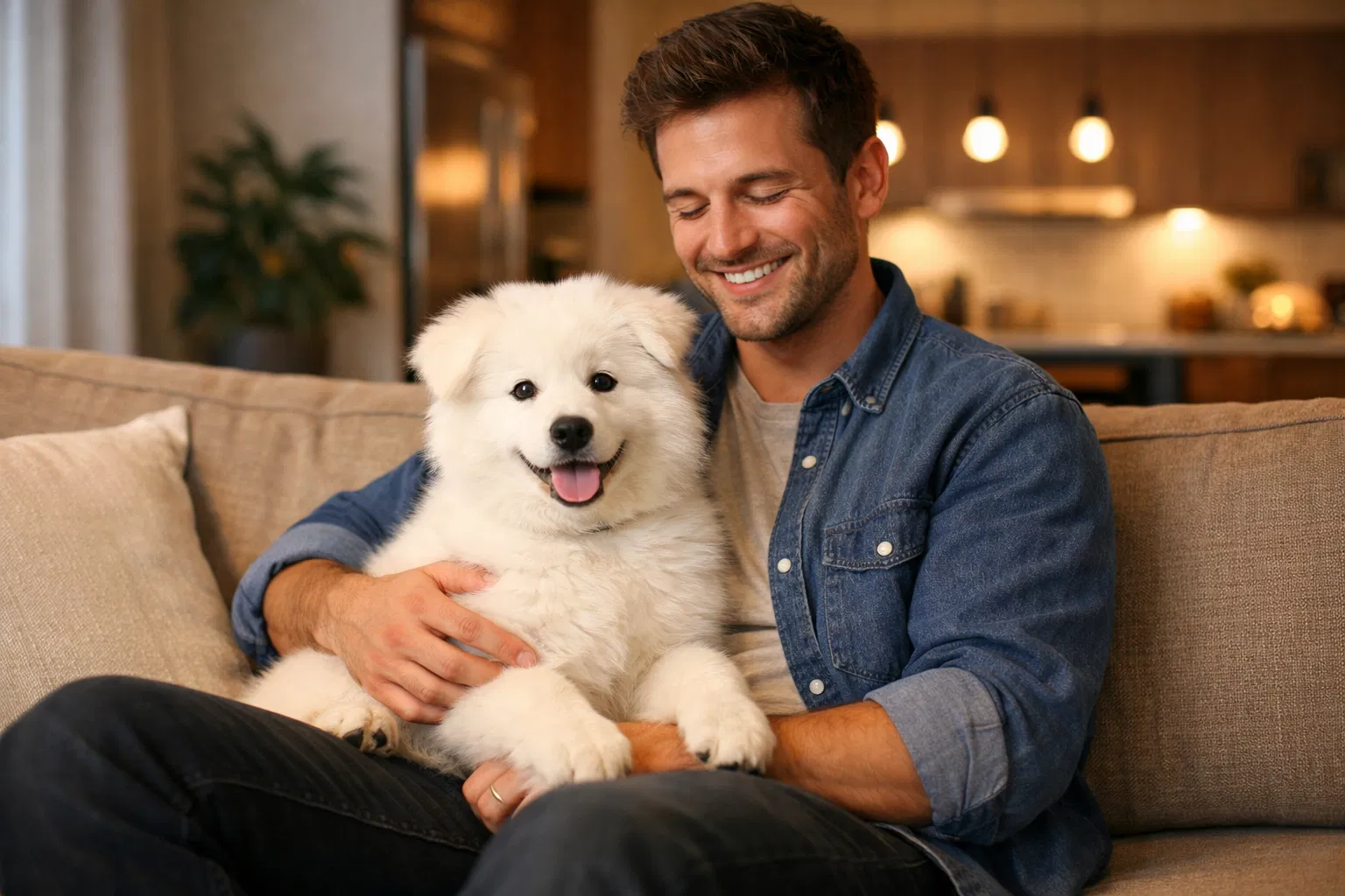 Happy puppy owner with trained puppy