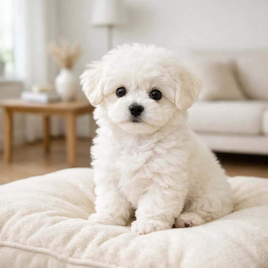 Fluffy white puppy in modern apartment