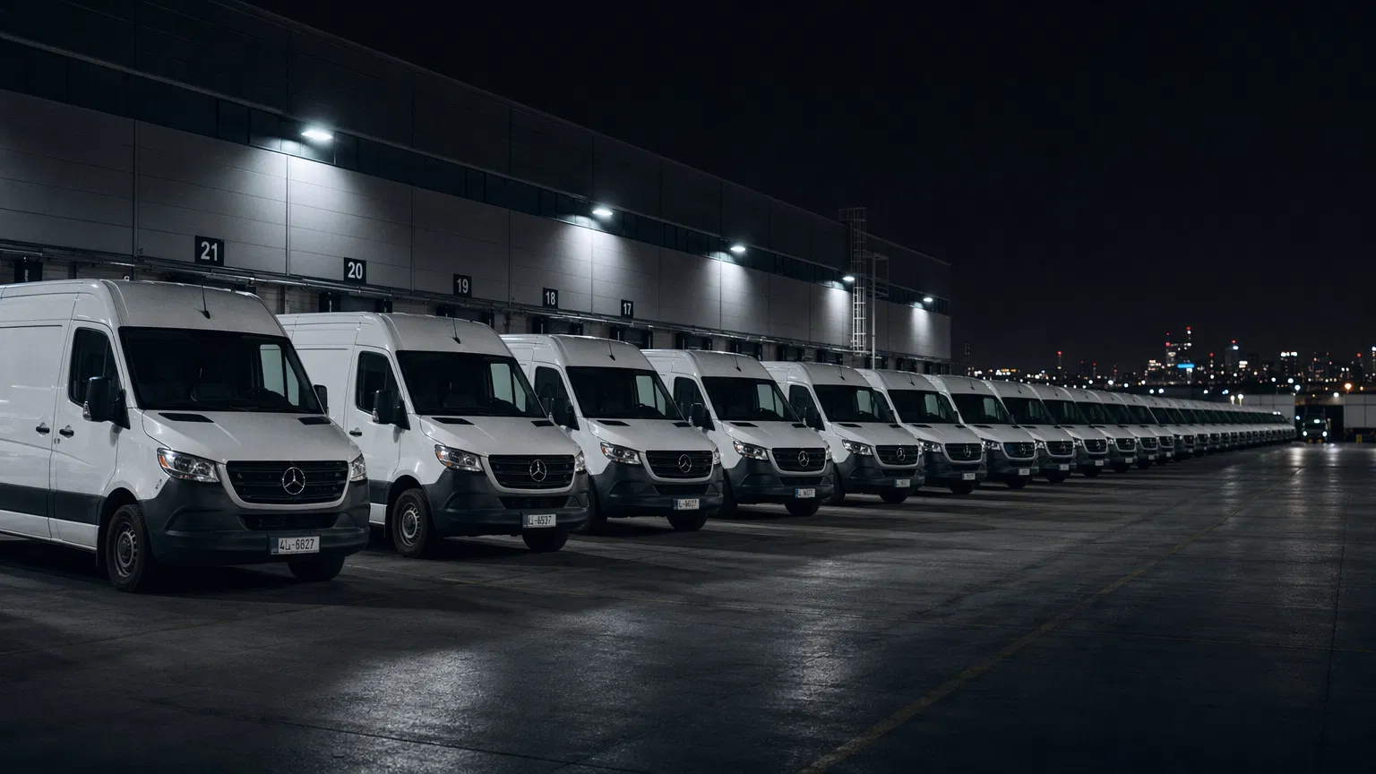 Fleet of delivery vans at distribution center
