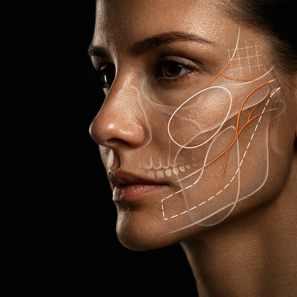 Close-up facial anatomy overlay used to illustrate precision in injectable training