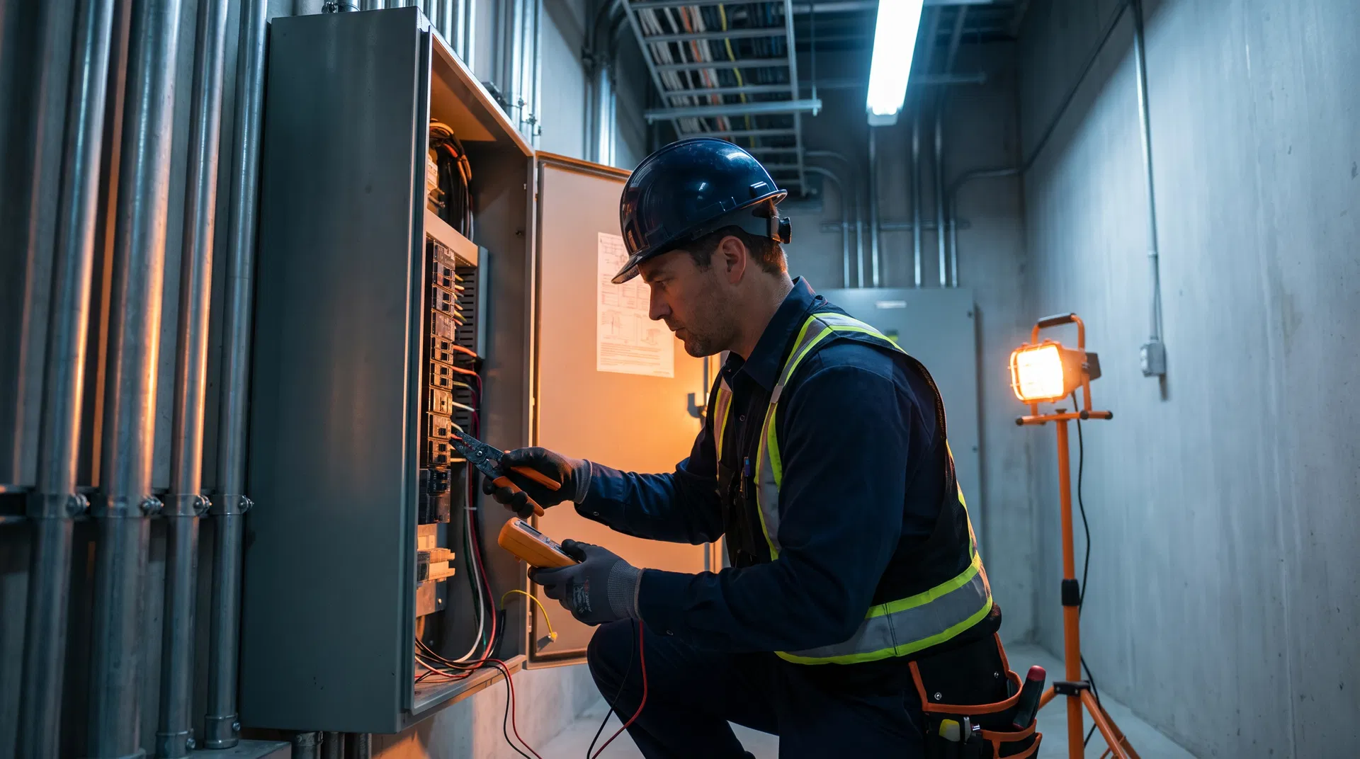 Professional electrician working on electrical panel