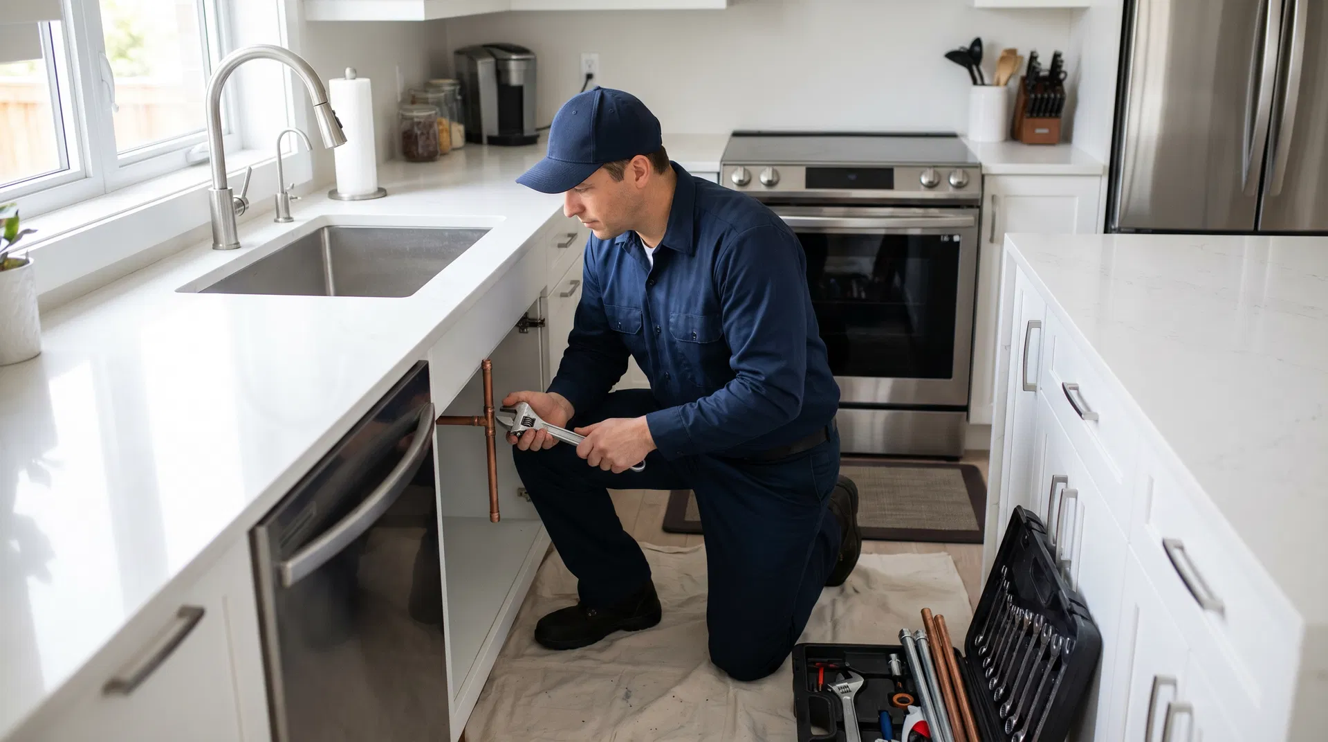 Professional plumber repairing kitchen pipes in Vancouver