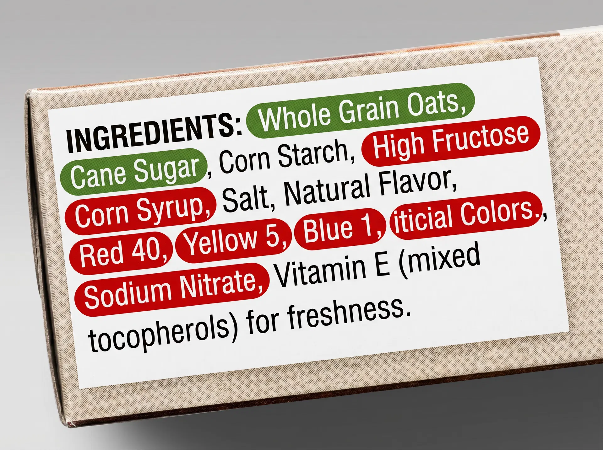 Ingredient label with color-coded safety highlights