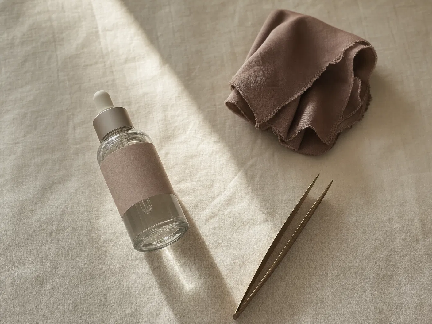 Quiet still life with a serum bottle, raw silk cloth and brass tweezers on linen