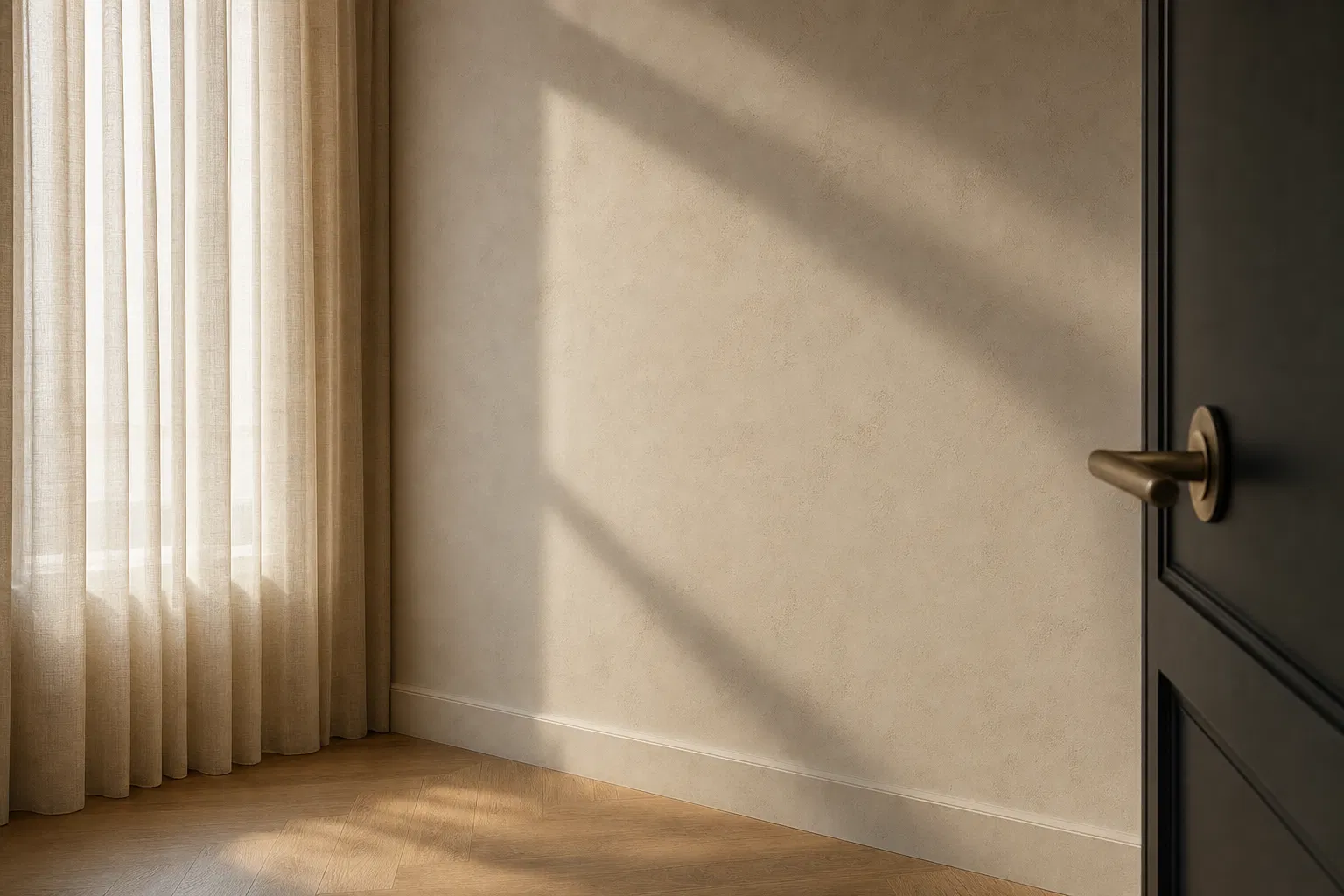 Soft daylight across a porcelain wall with a hint of bronze hardware