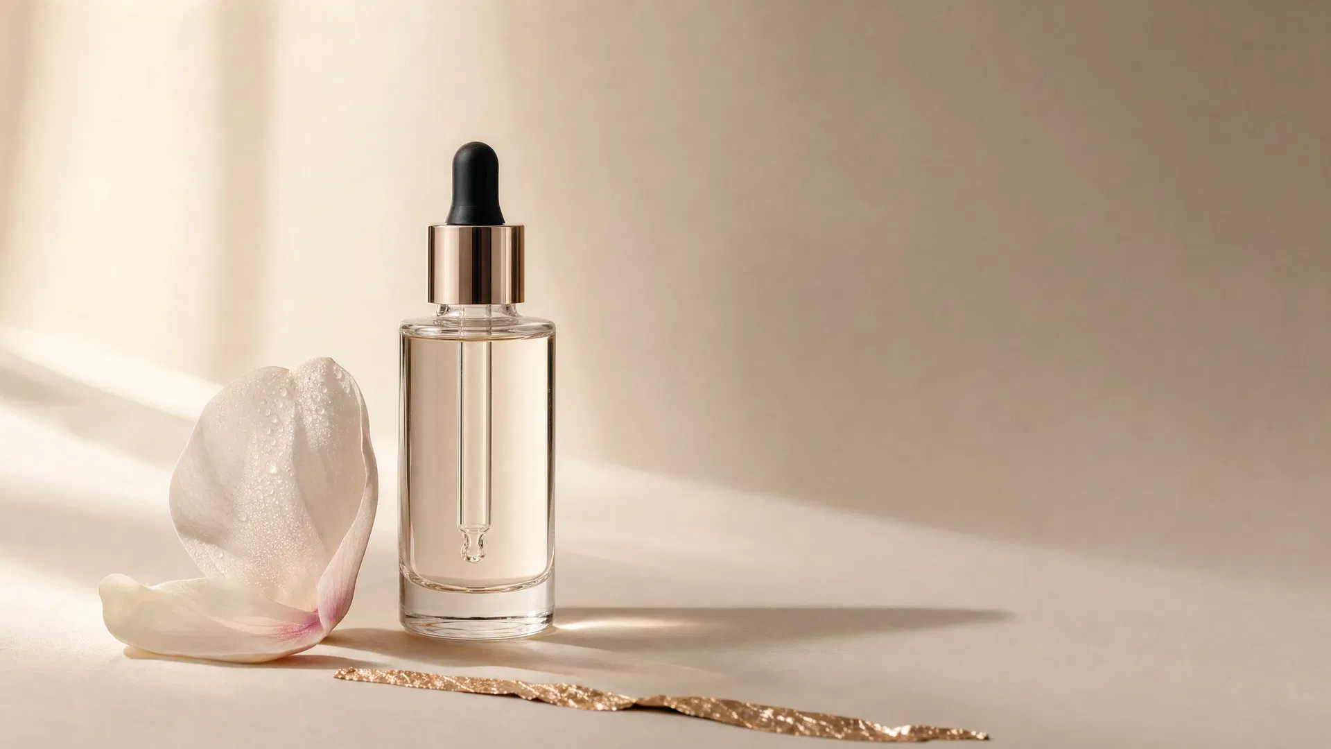 A clear glass dropper bottle on a porcelain surface in soft warm light