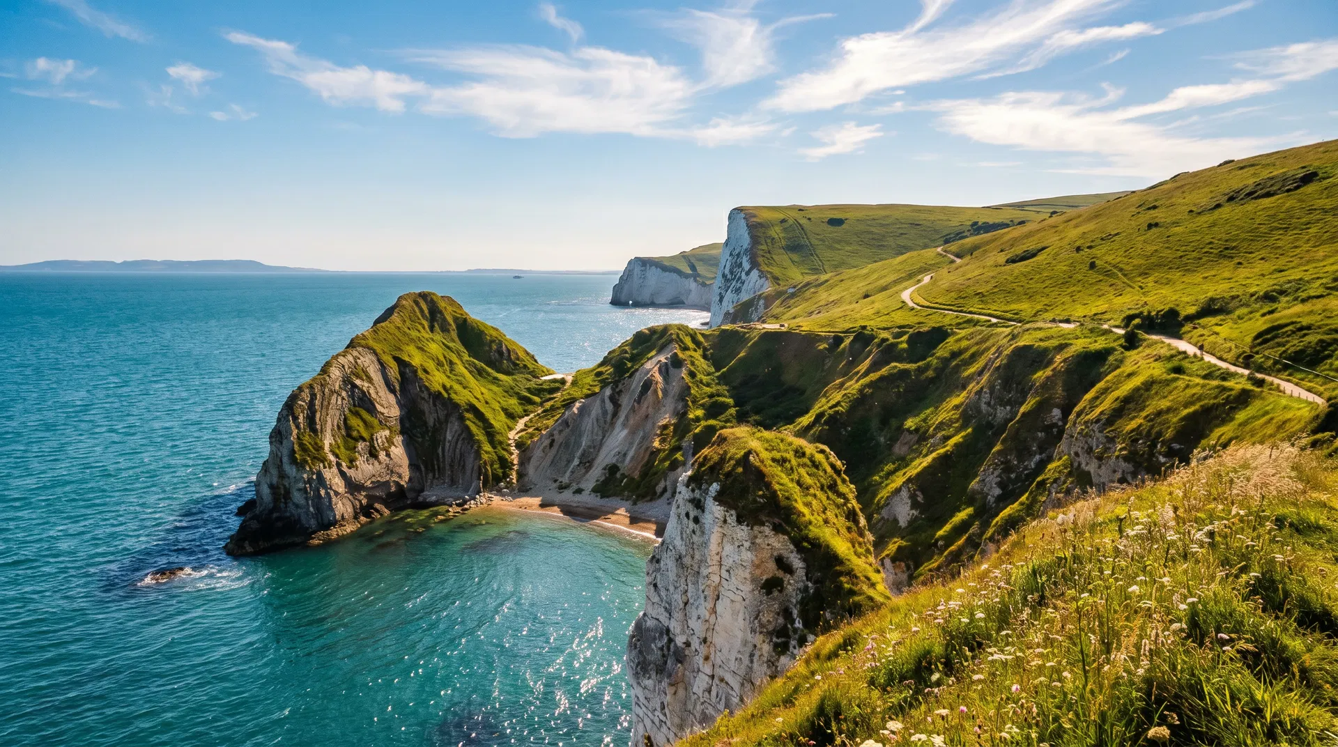The stunning Dorset Jurassic Coast with turquoise waters and green cliffs