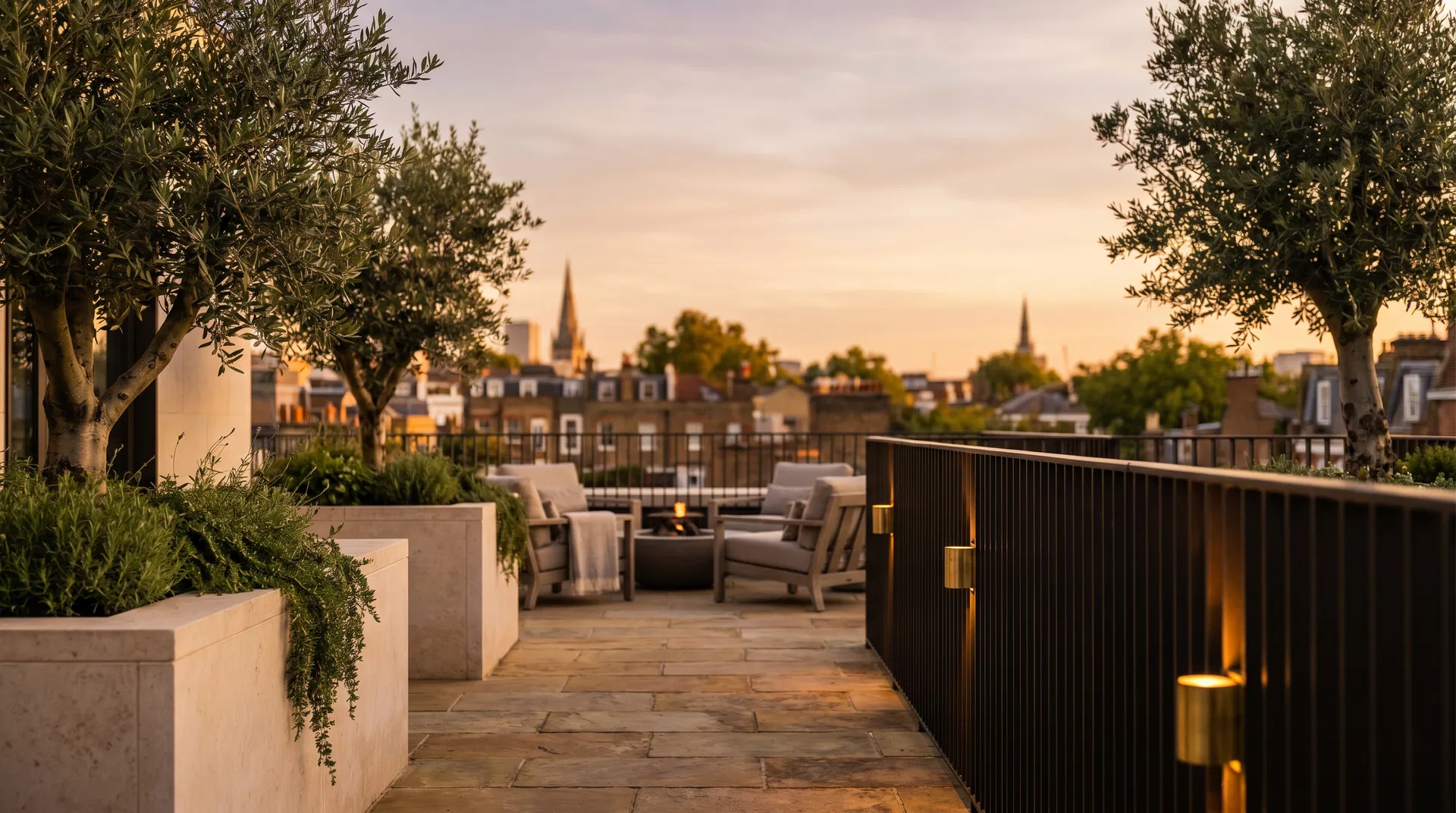 Quiet London rooftop terrace at golden hour