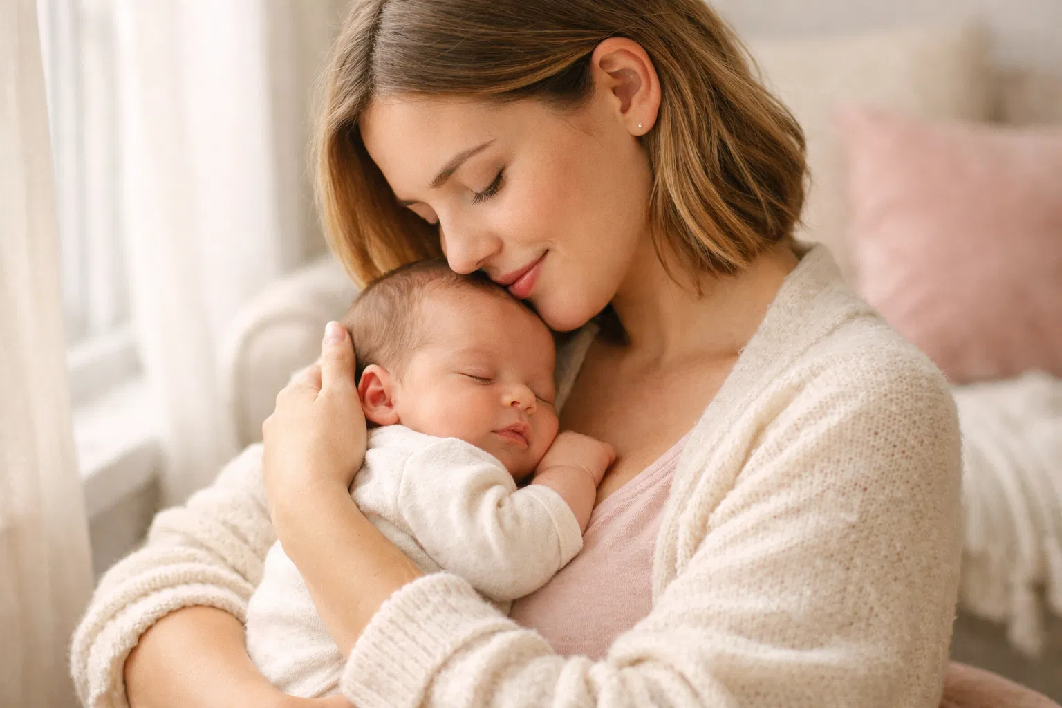 Parent holding newborn baby in cozy home with soft natural light