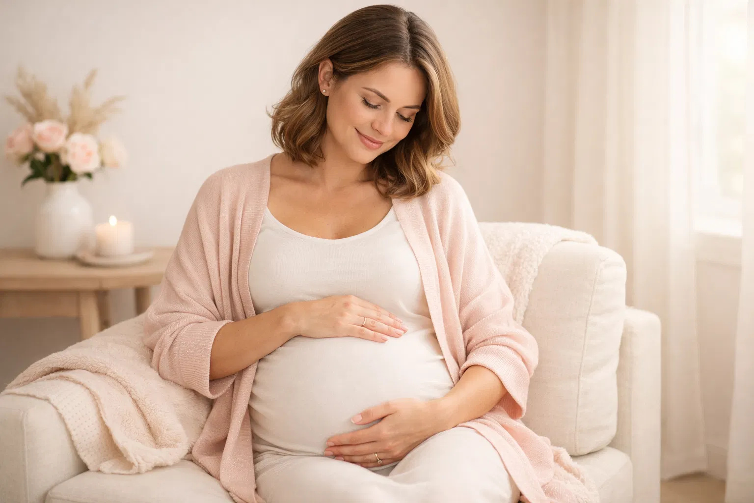 Pregnant woman in peaceful, minimalist room with soft natural light