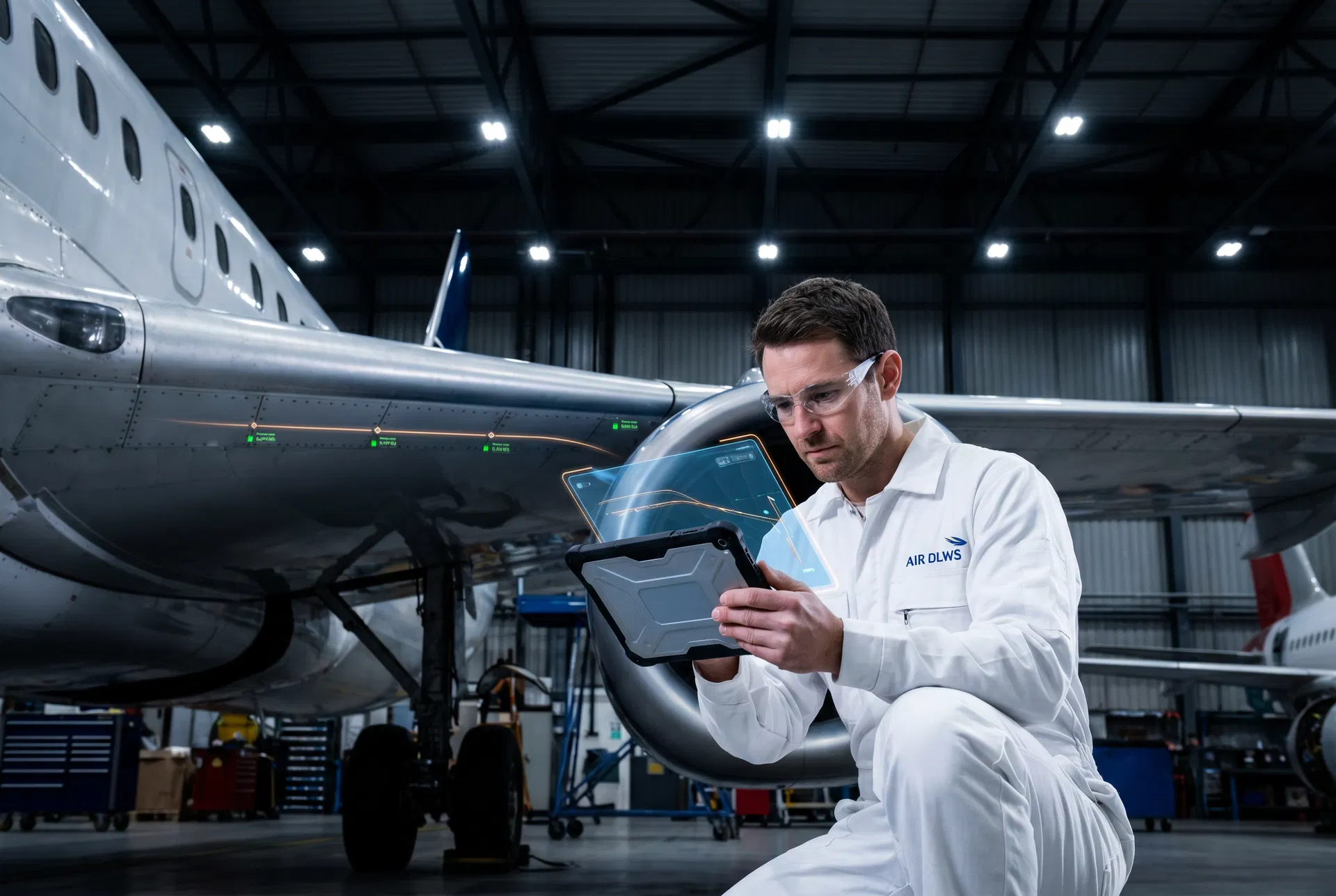 Aerospace technician performing AI-assisted inspection