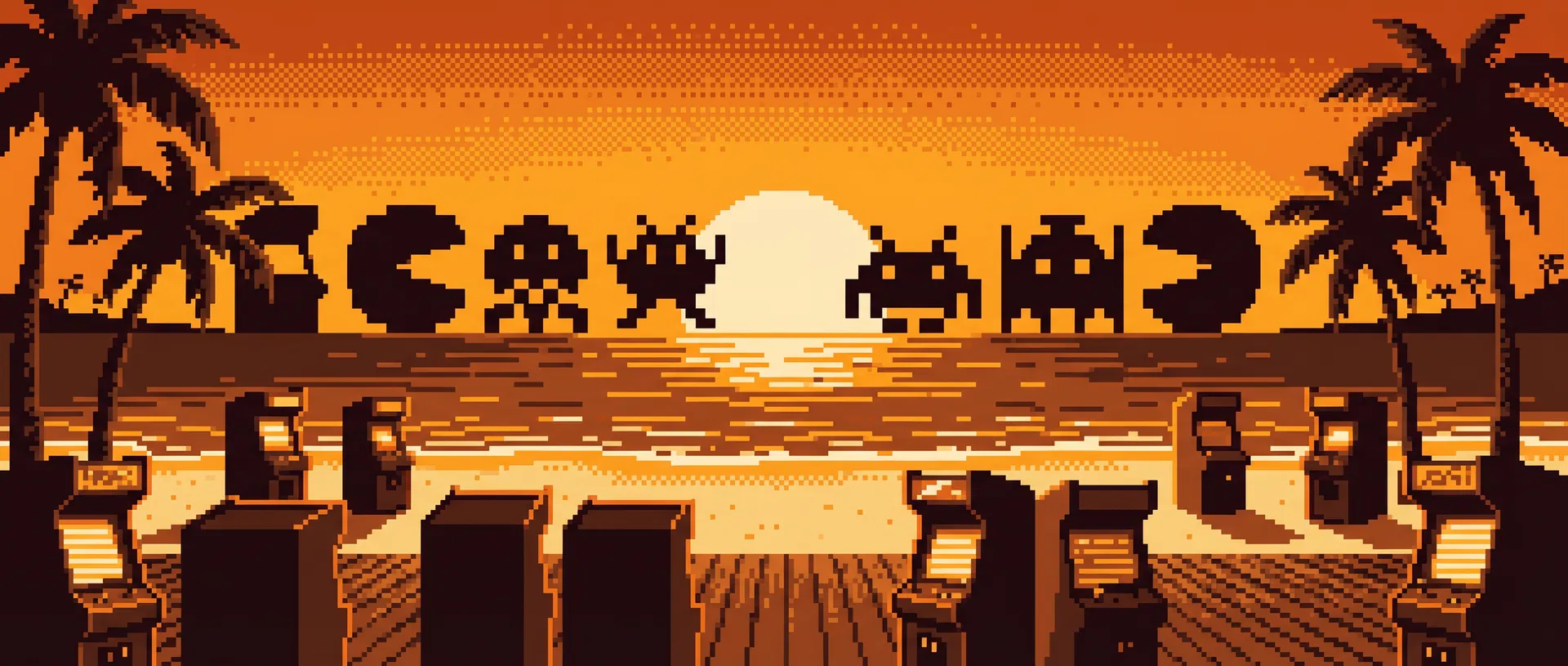 Retro pixel art California arcade scene at sunset with palm trees and neon lights