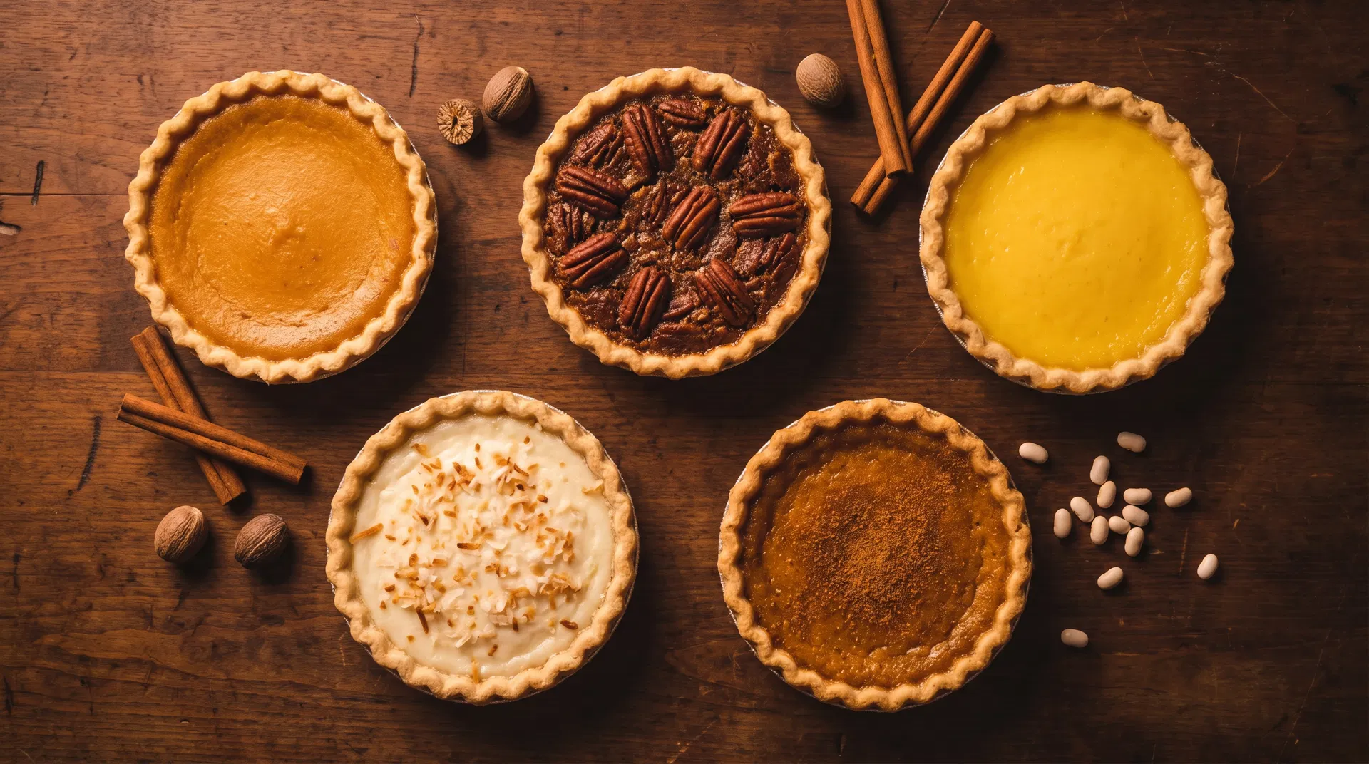 Five homemade 4-inch pies on a rustic wooden table
