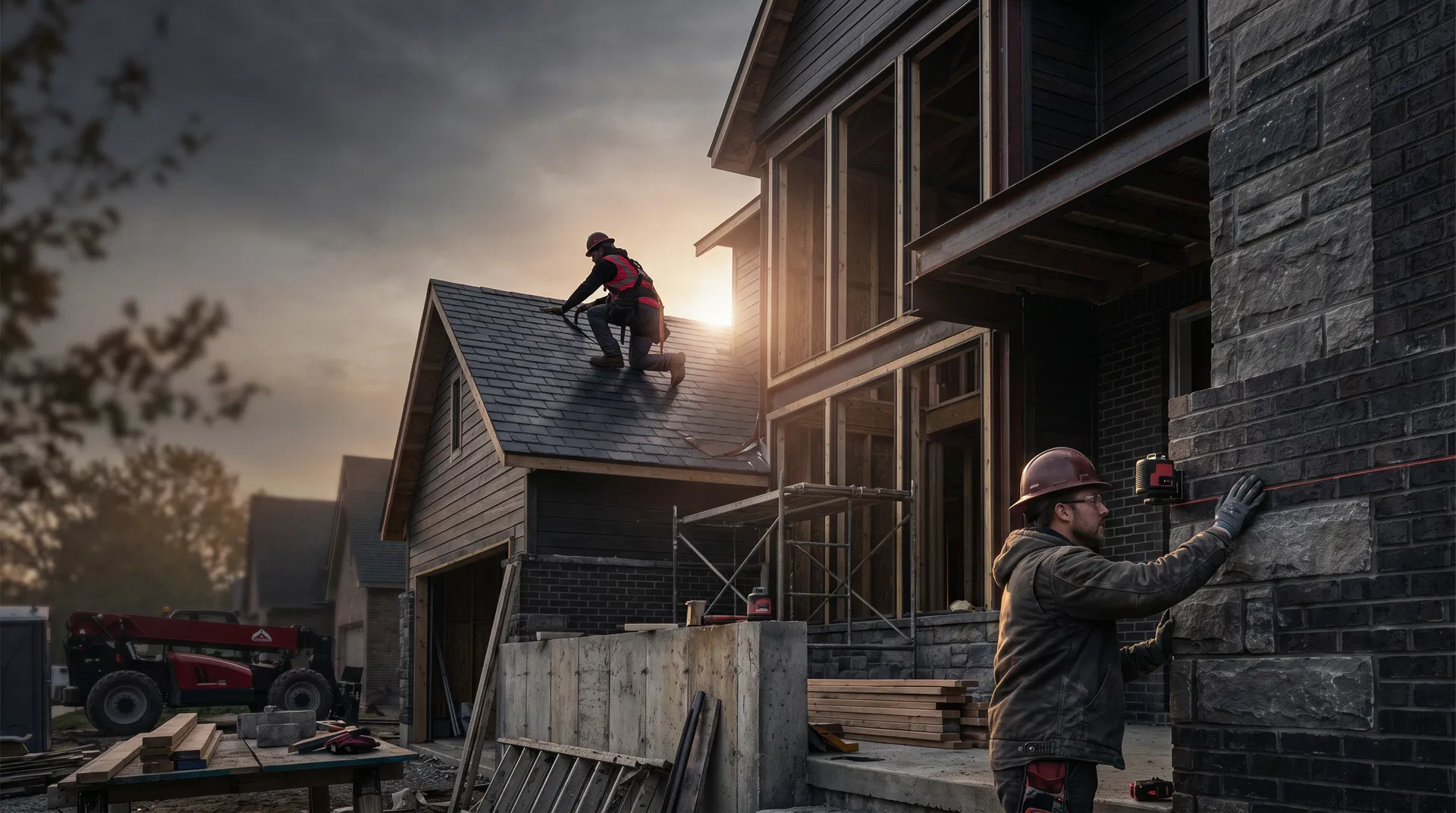 Construction crew working on roofing and masonry
