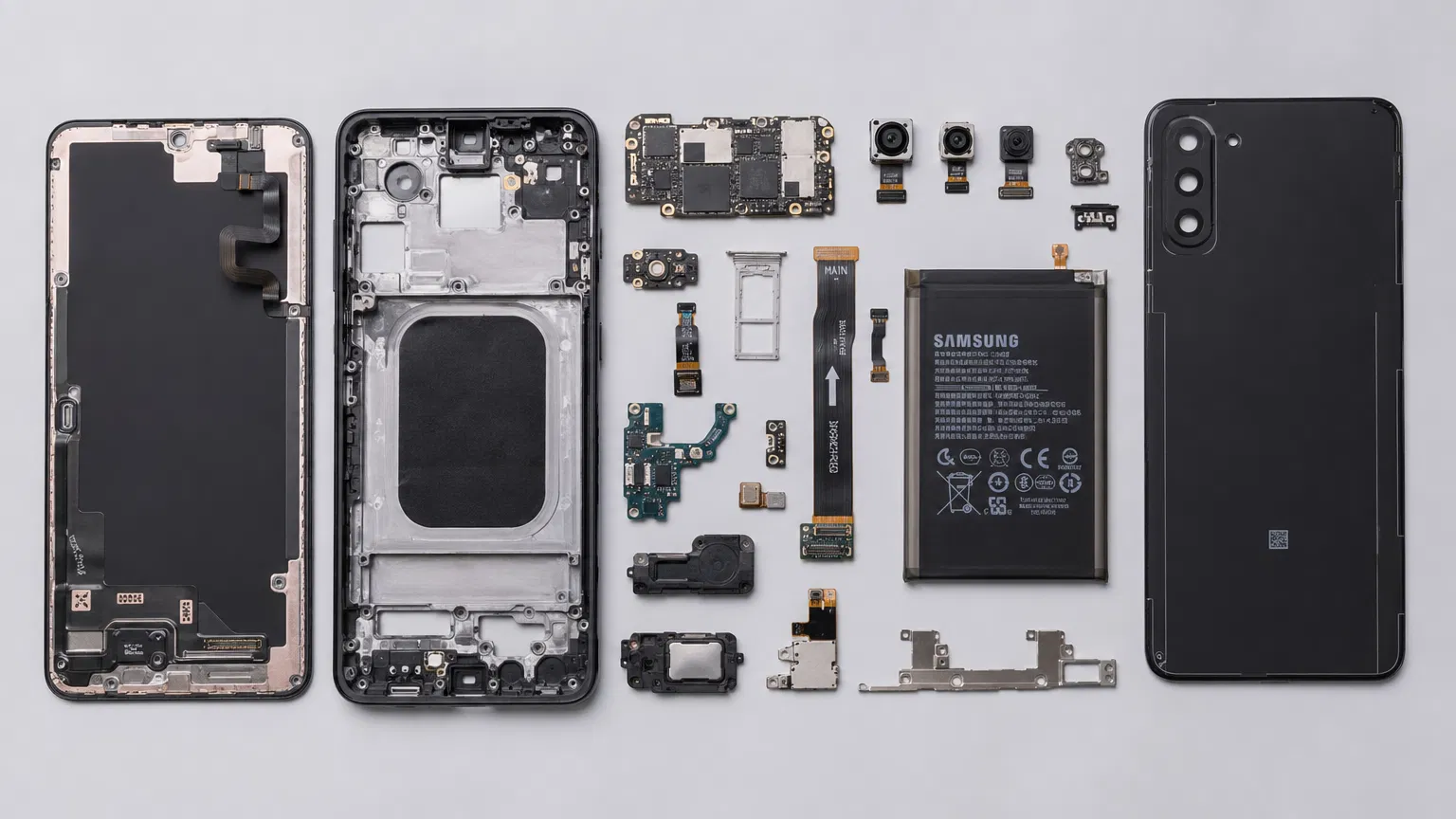 Disassembled smartphone components and parts