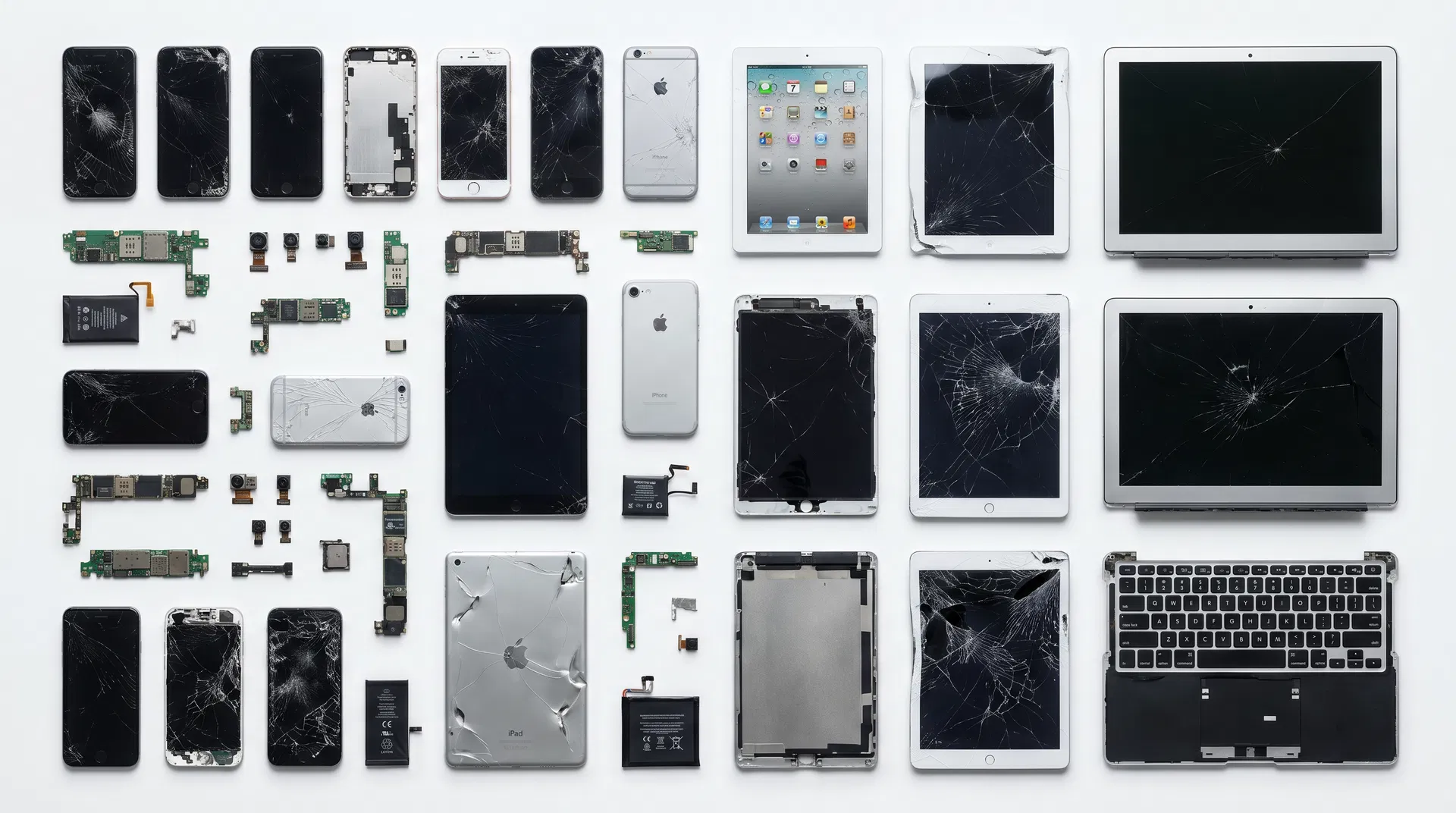 Professional showcase of materials accepted: broken iPhones, iPads, laptops, and logic boards